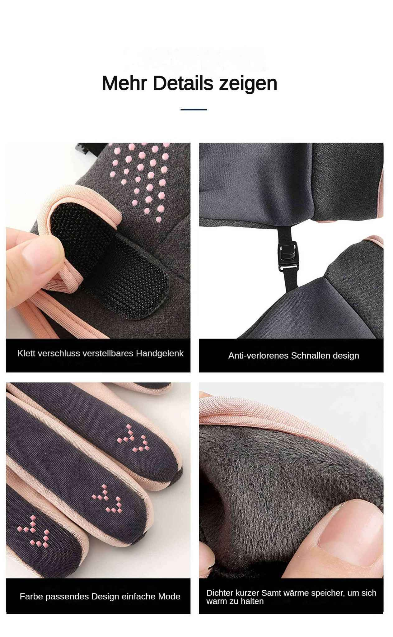 Nahaufnahme von Handschuhen. Merkmale: Klettverschluss am Handgelenk, Anti-Verlust-Schnalle, farblich abgestimmtes Design, warmes Samtfutter.