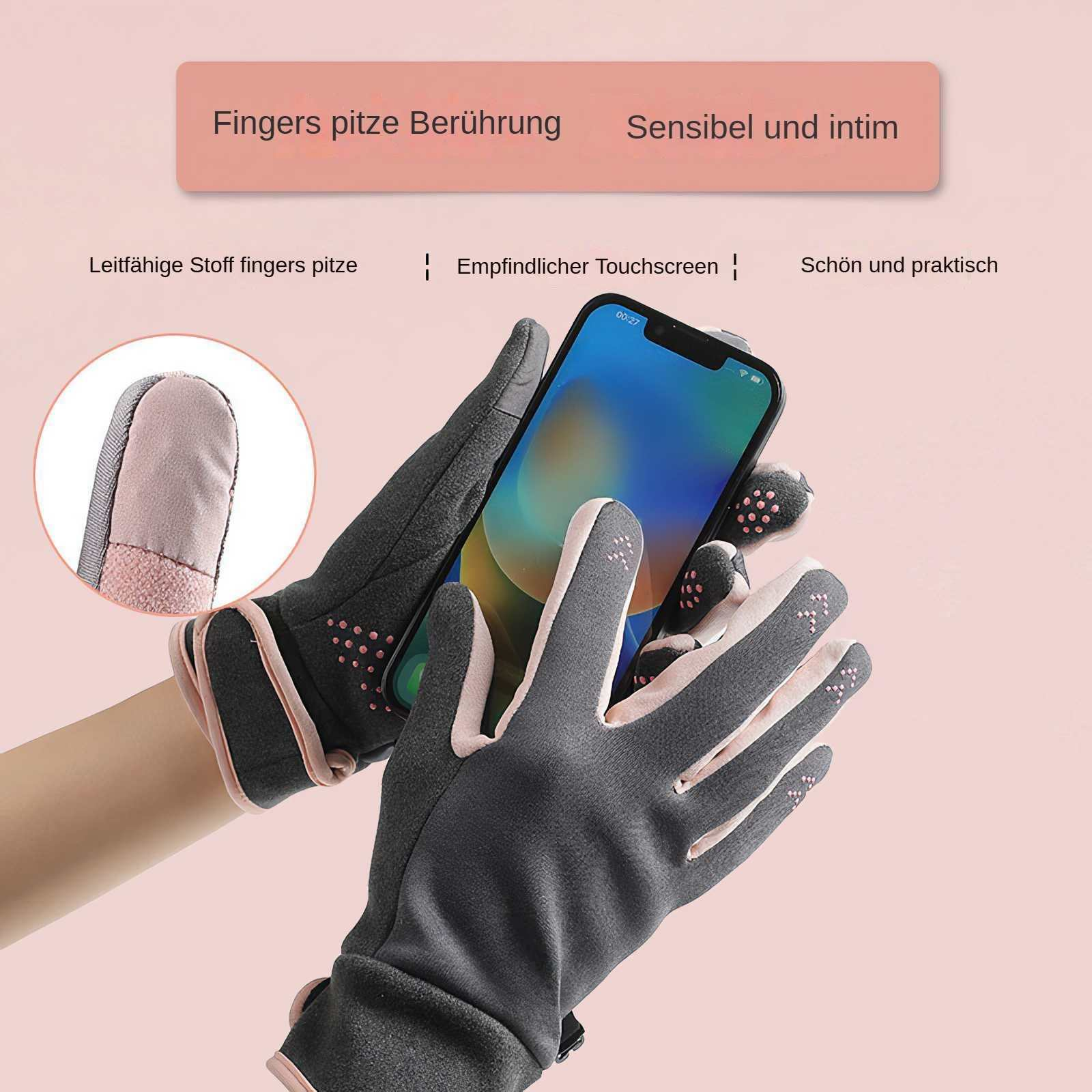 Hände mit grauen Handschuhen berühren ein Smartphone. Die Handschuhe haben rosa Akzente und sind für die Touchscreen-Nutzung konzipiert.