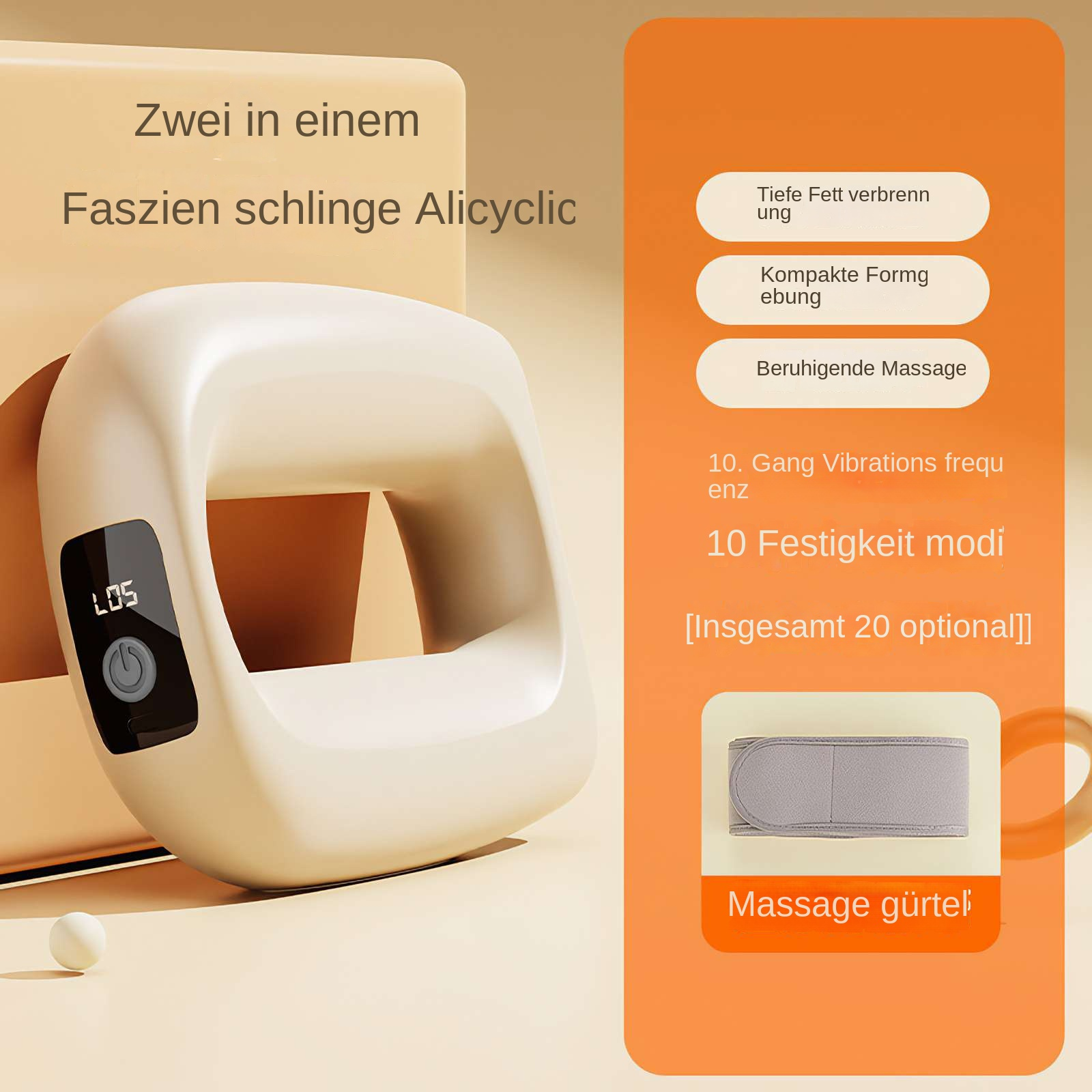 Cremefarbenes Massagegerät mit Display. Es hat einen Griff und befindet sich auf einer beigefarbenen Oberfläche. Text ist auf Deutsch.