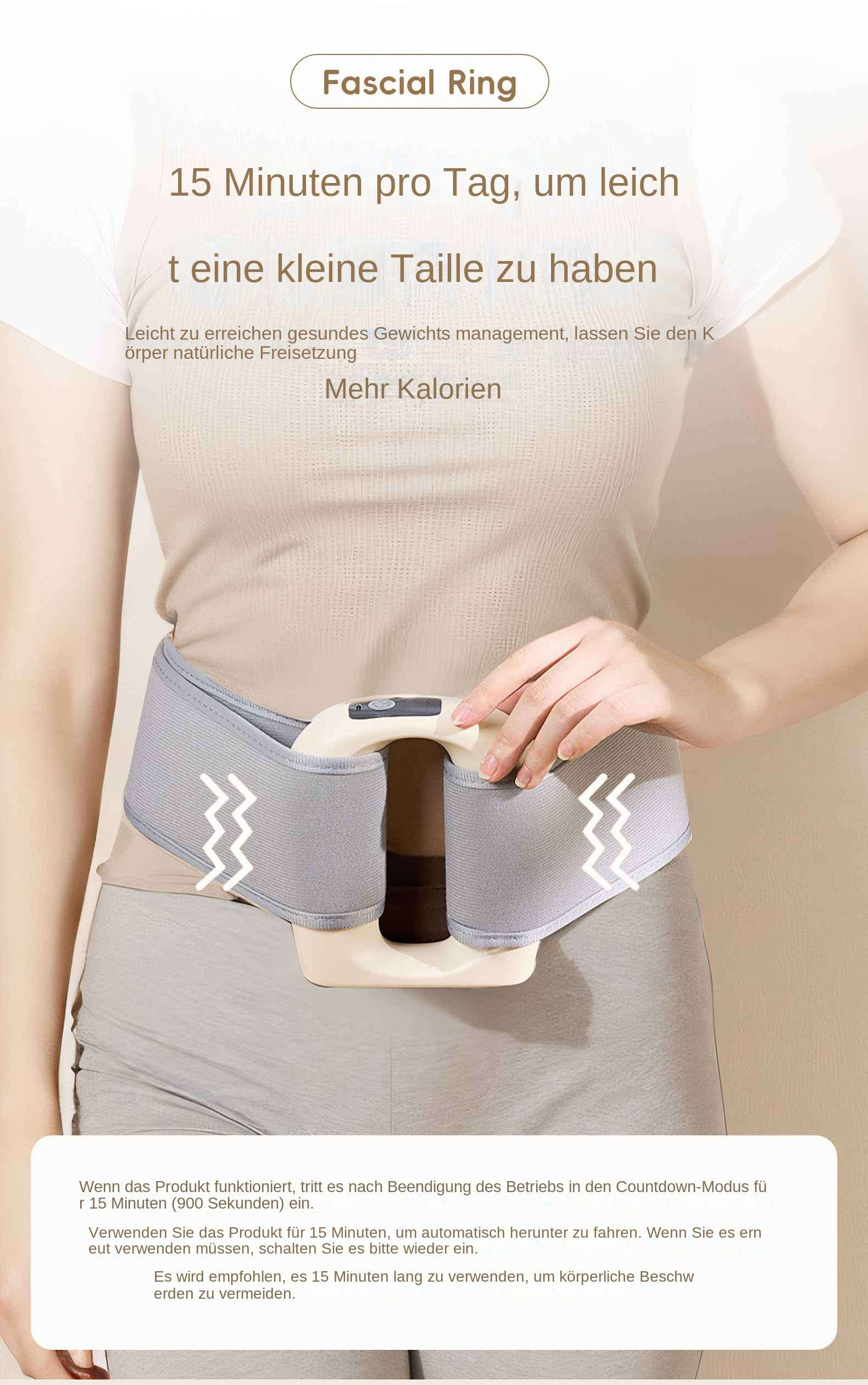 Eine Frau hält ein graues Körperformungsgerät. Text auf Deutsch wirbt für die tägliche 15-minütige Anwendung.