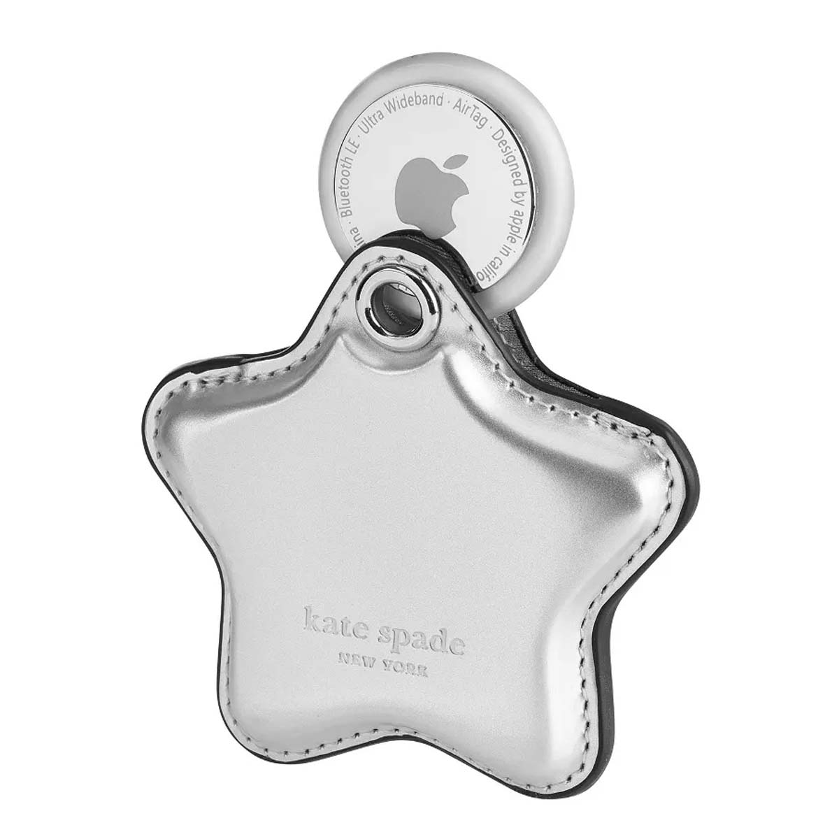 Silberner sternförmiger Kate Spade AirTag-Halter mit einem Apple AirTag. Der AirTag ist silber und weiß.