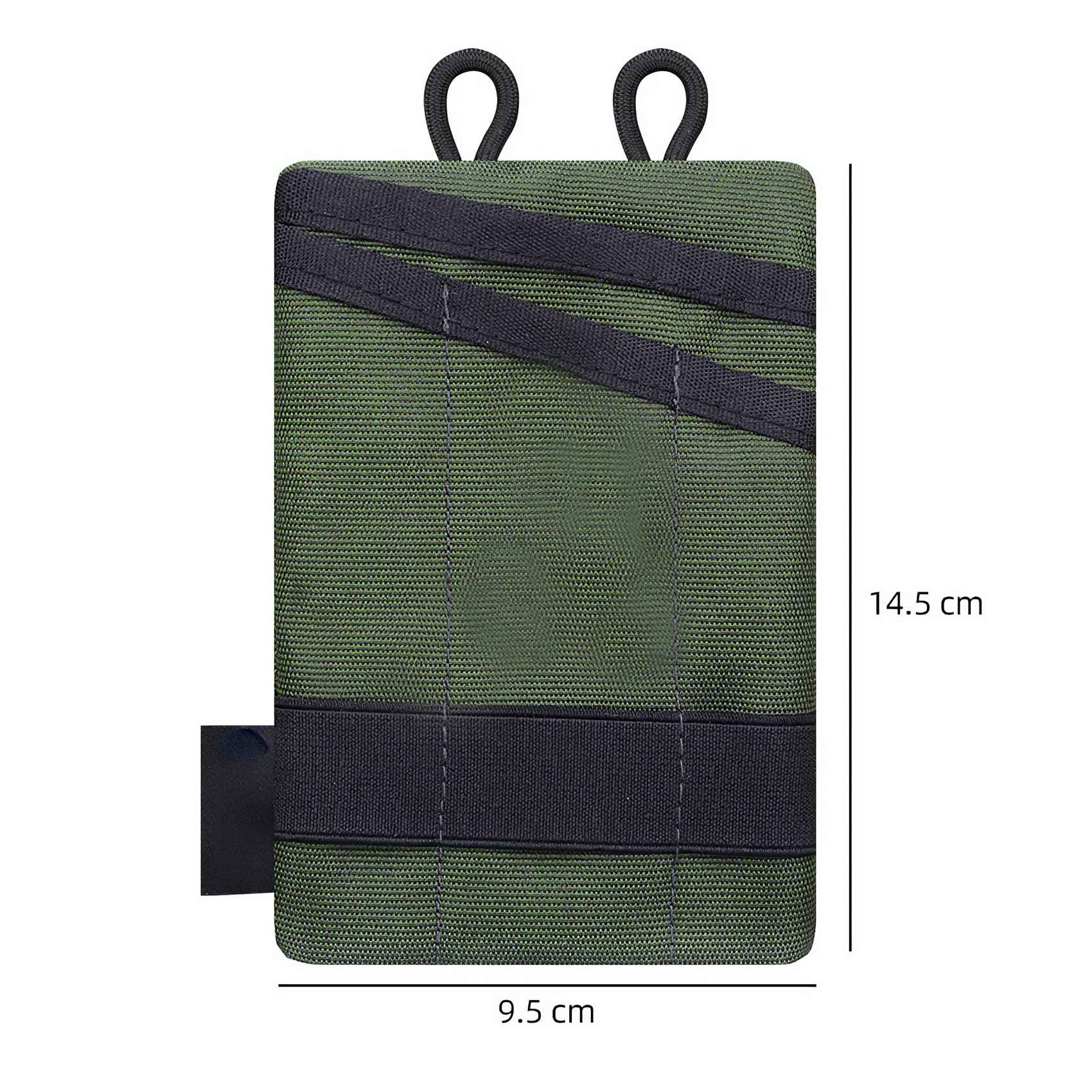 Grüne rechteckige Tasche mit zwei schwarzen Schlaufen oben. Schwarze Riemen verzieren die Vorderseite. Abmessungen: 9,5 x 14,5 cm.