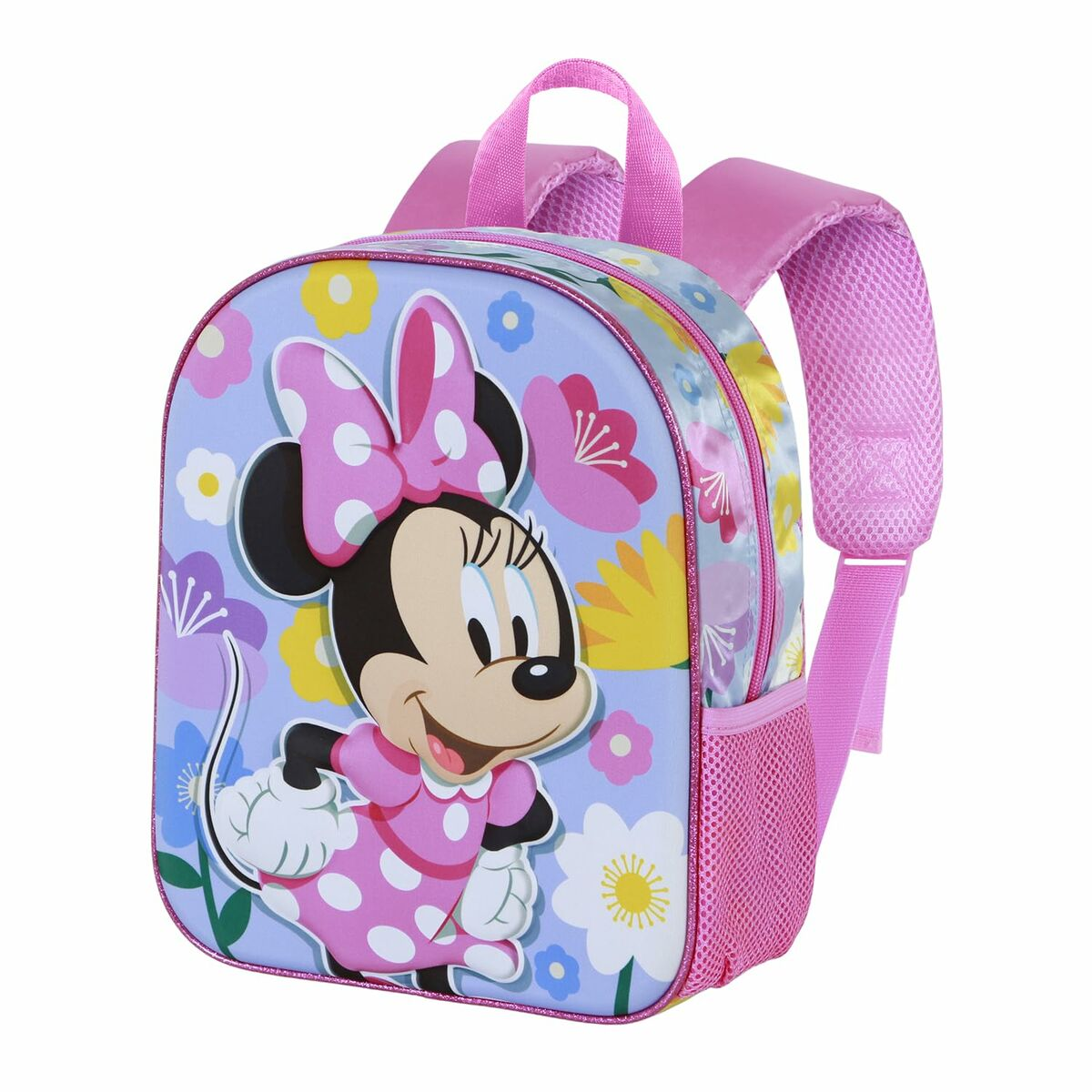 Minnie-Maus-Rucksack. Rosa Schleife, Kleid und Akzente. Blumiger Hintergrund. Blaue, rosa und weiße Farben. Seitentasche und Träger aus Mesh.