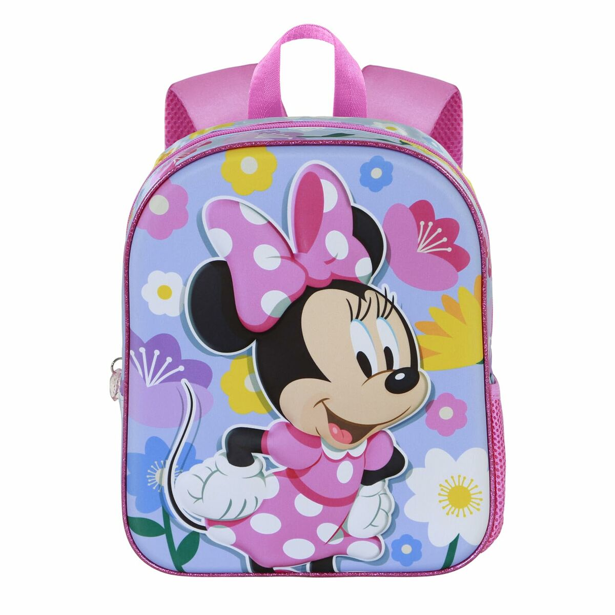 Ein Minnie-Mouse-Rucksack mit hellblauem Hintergrund, Minnie ist in der Mitte von Blumen umgeben. Der Rucksack ist rosa.