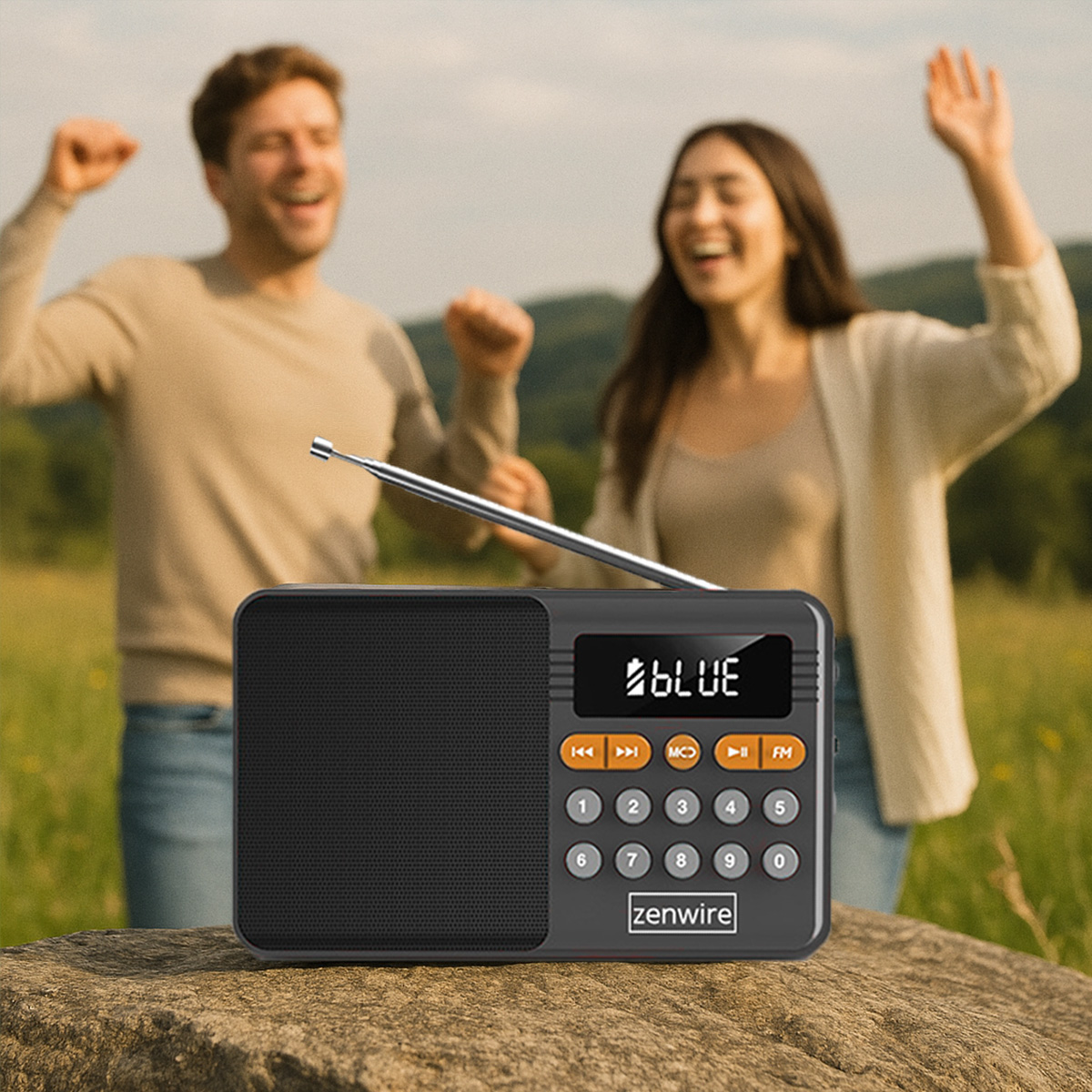 Czarny radio z tańczącymi ludźmi w tle. Radio stoi na skale. Ludzie są szczęśliwi. Tło jest zielone.