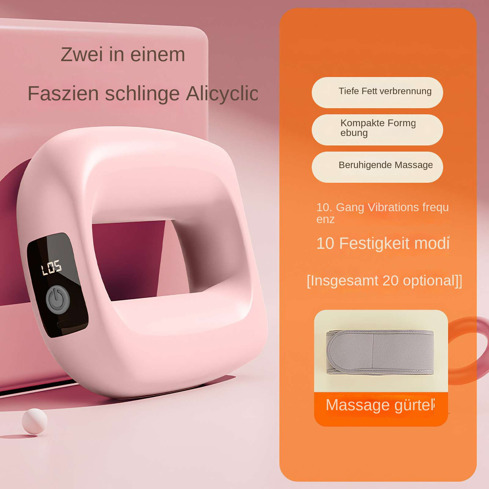 Rosa Massagegerät mit Bildschirm, weißer Kugel und Text auf rosa und orangefarbenem Hintergrund.