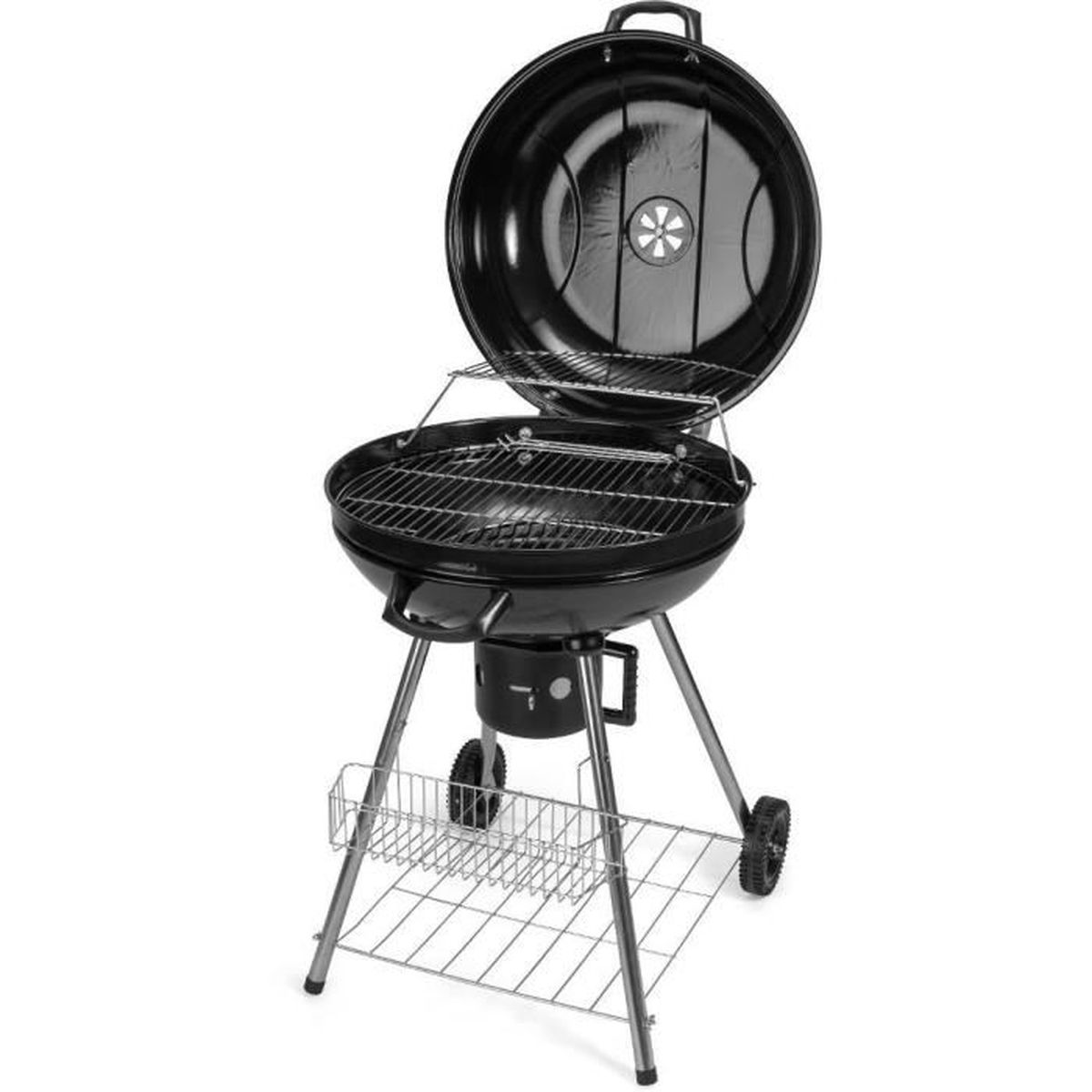 Black charcoal grill with open lid. Features a cooking grate, wheels, and a lower wire rack. Set against a white background.