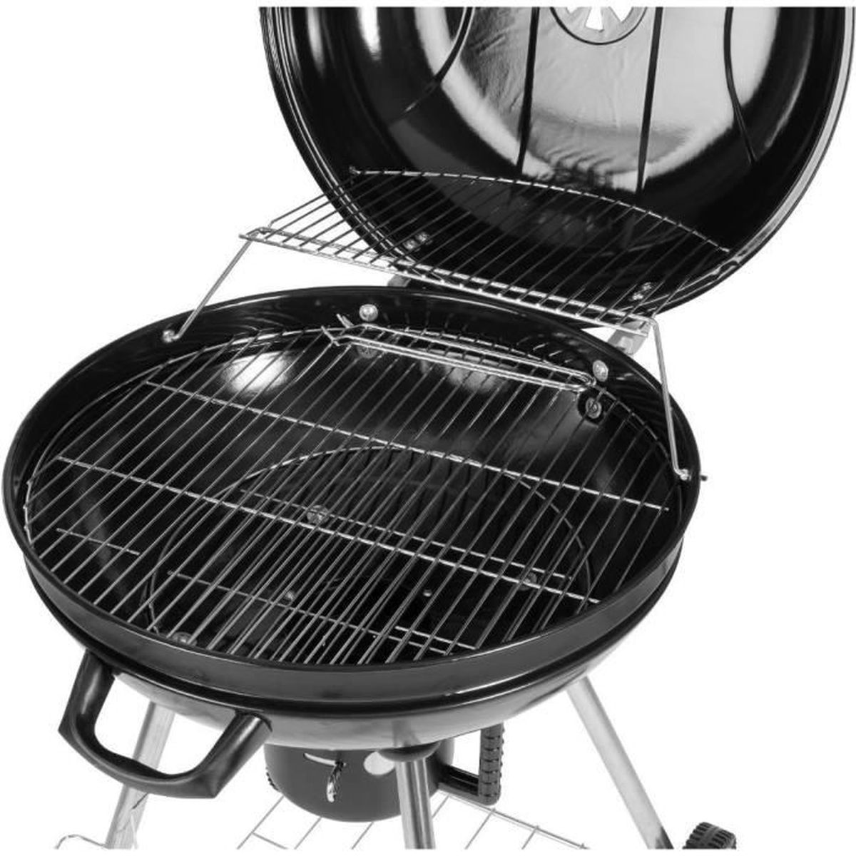 A black charcoal grill with the lid open. The grill has a circular shape, with a cooking grate inside. It stands on three legs.