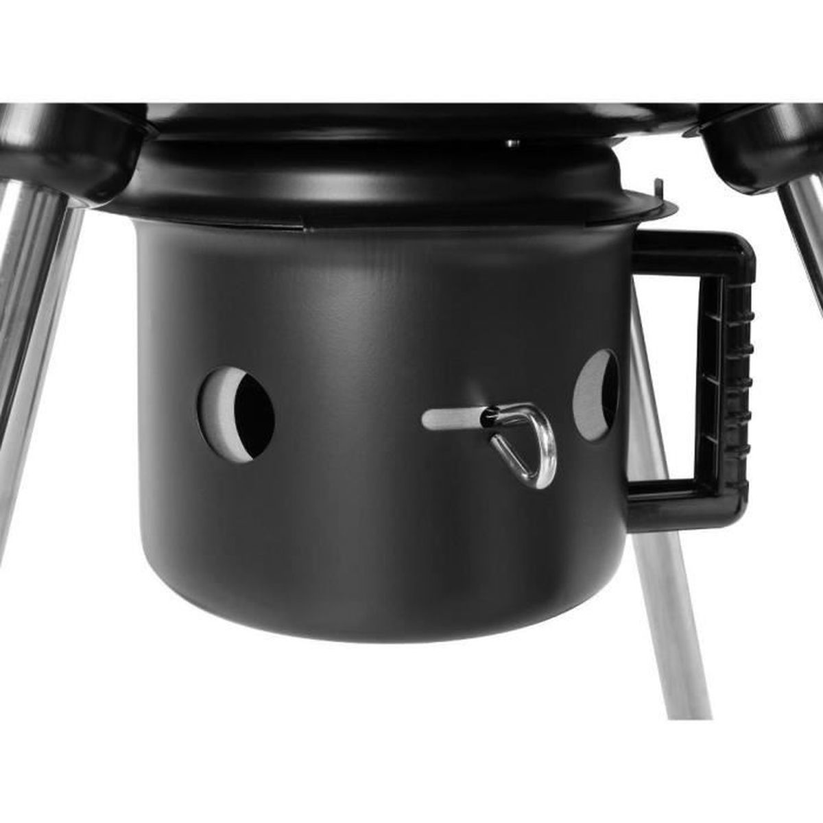 Close-up of a black metal grill base with a handle, two ventilation holes, and a metal hook. Silver legs support the base.