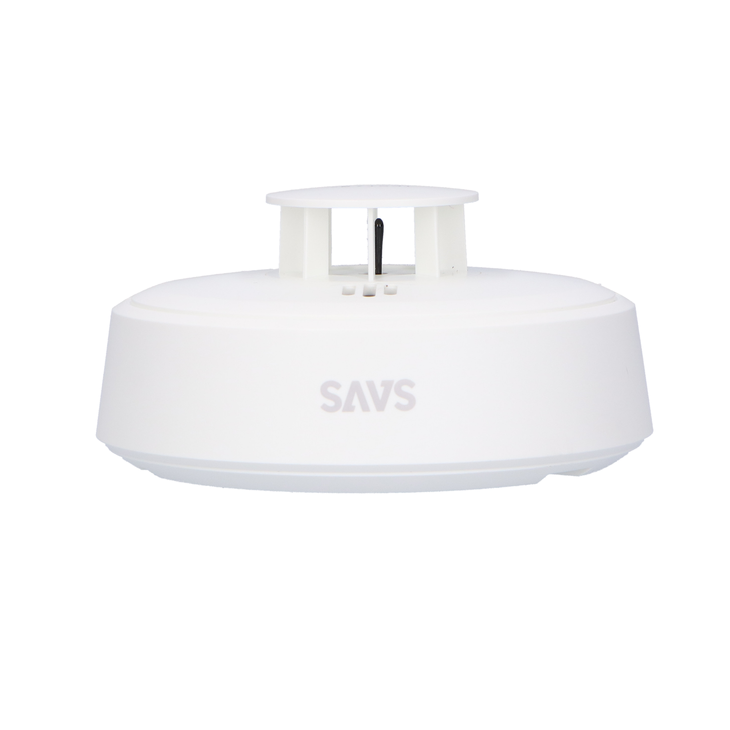 A white, rounded device with 'SAVS' on it. It has a cylindrical base and a slotted top with a small, black rod inside.
