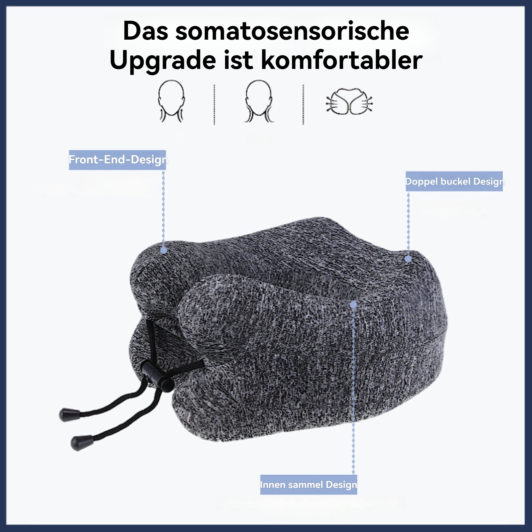 Ein graues Nackenkissen mit schwarzen Kordelzügen. Textlabels zeigen: Front-End-Design, Doppel buckel Design und Innen sammel Design.