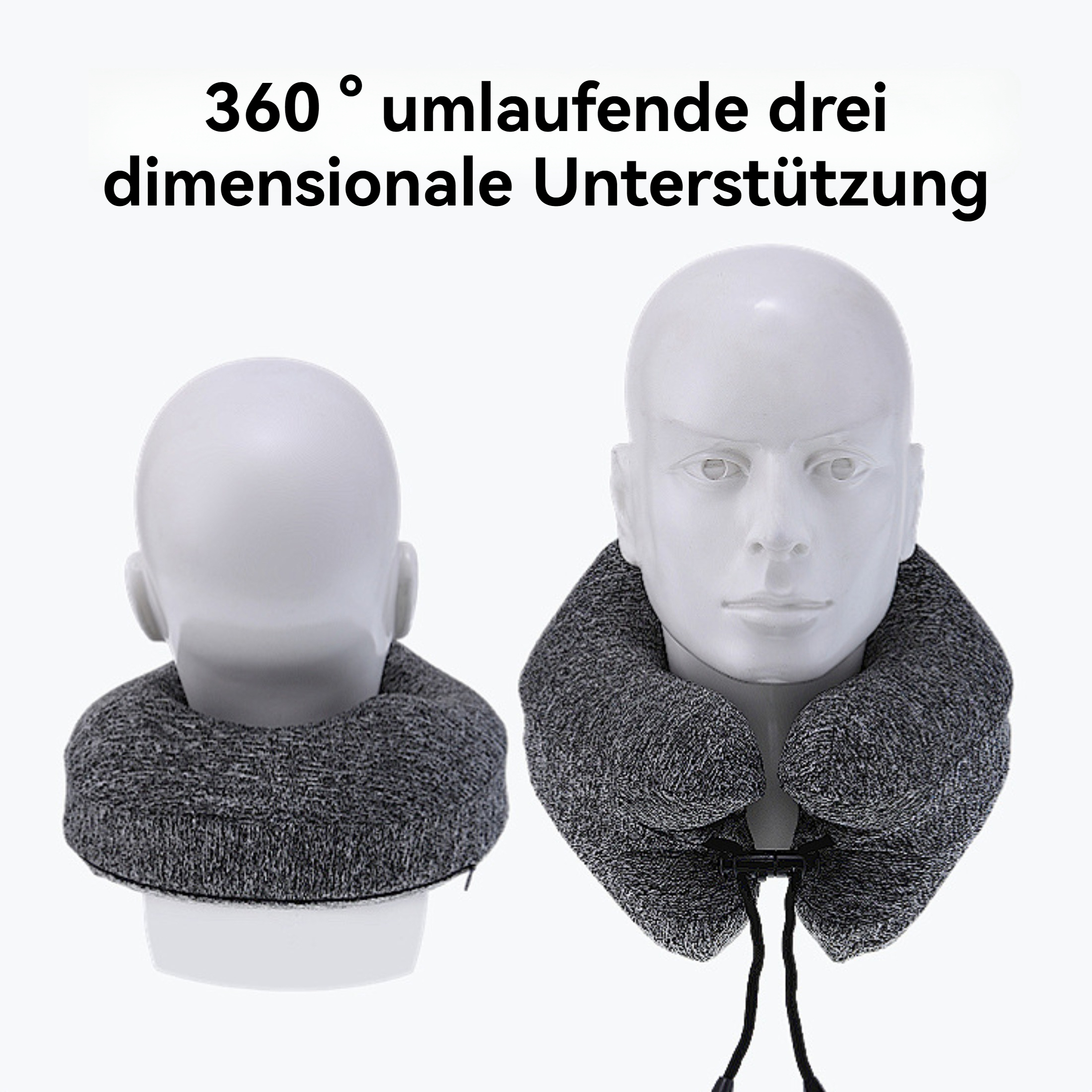 Zwei Schaufensterpuppen mit grauen Nackenkissen werden gezeigt. Eine Rückansicht und eine Vorderansicht. Text oben steht auf Deutsch.