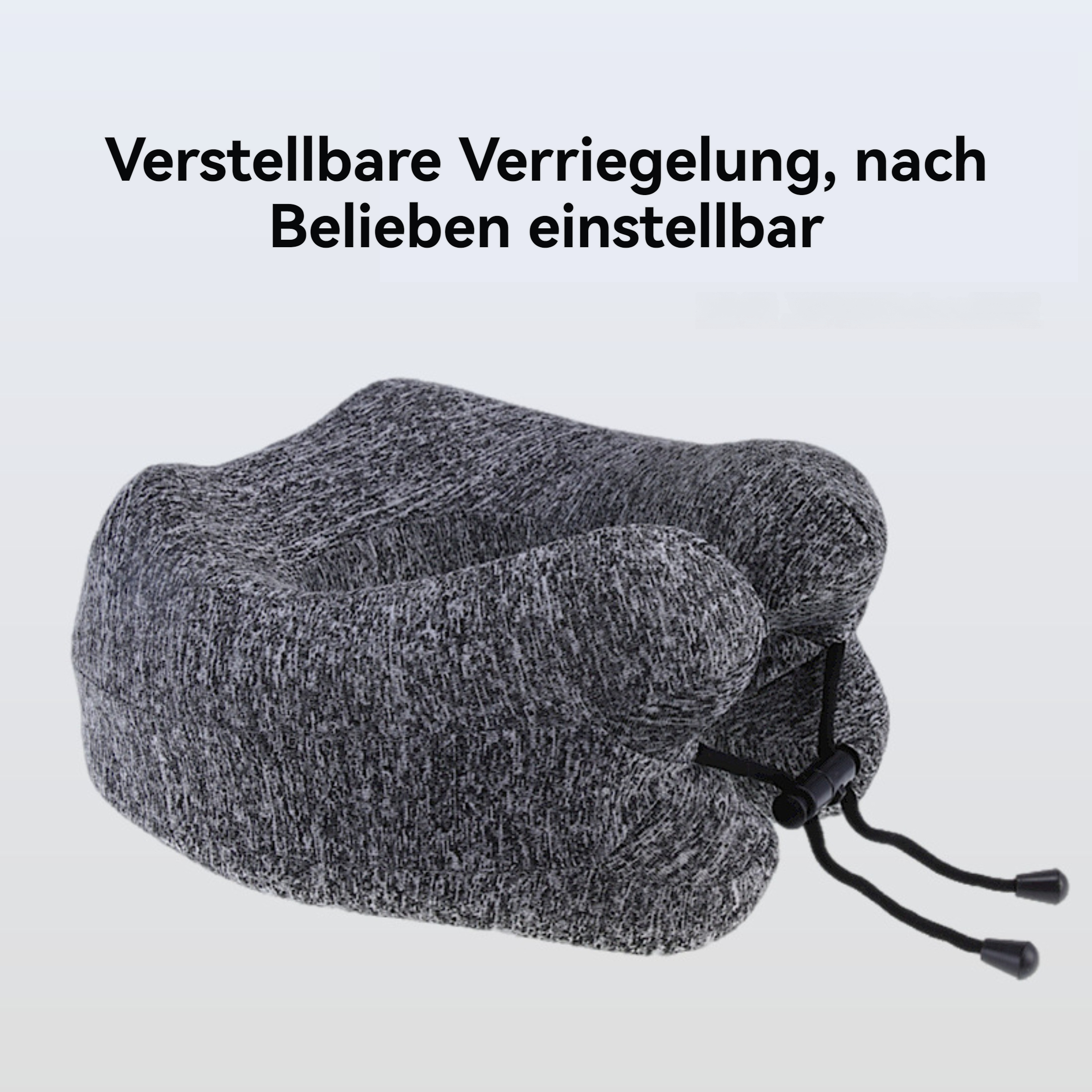 Ein graues Nackenkissen mit verstellbarem Verschluss vor weißem Hintergrund. Text auf Deutsch steht darüber.