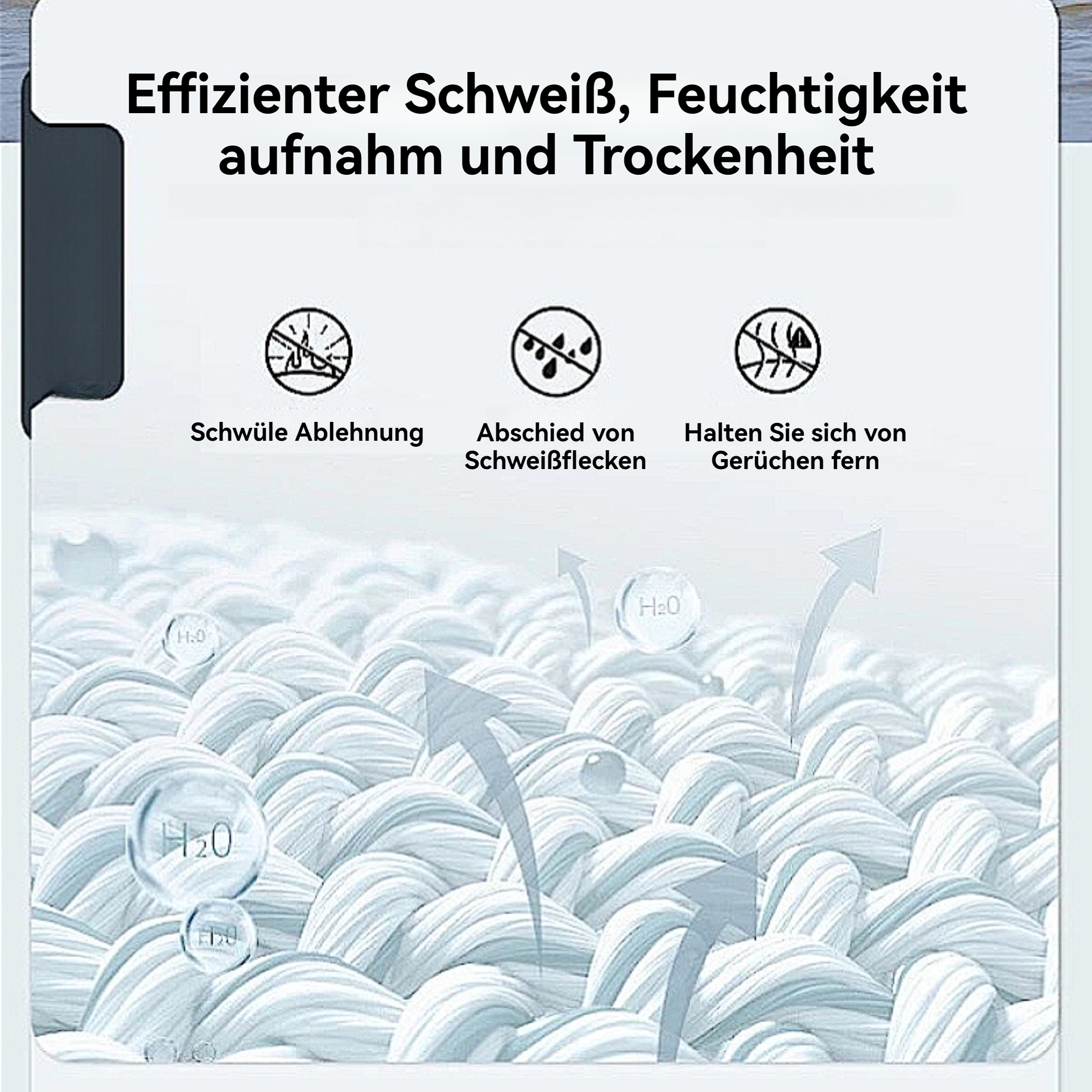 Illustration zeigt weißen Stoff mit H2O-Molekülen und Pfeilen. Text beschreibt Schweißaufnahme und Trockenheit.
