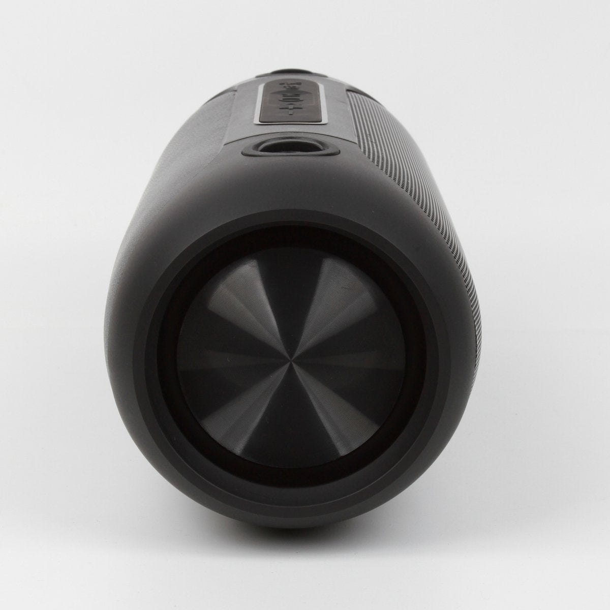 A black cylindrical speaker on a white background. It has a mesh grill on the side, and a metallic cone in the center.