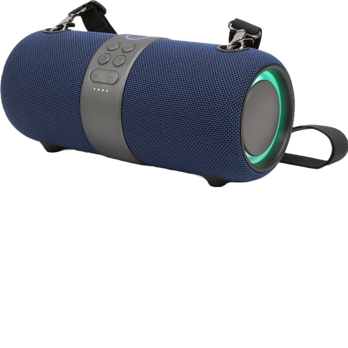A blue, cylindrical speaker with controls and a handle. It has a mesh texture and a glowing green light around one end.