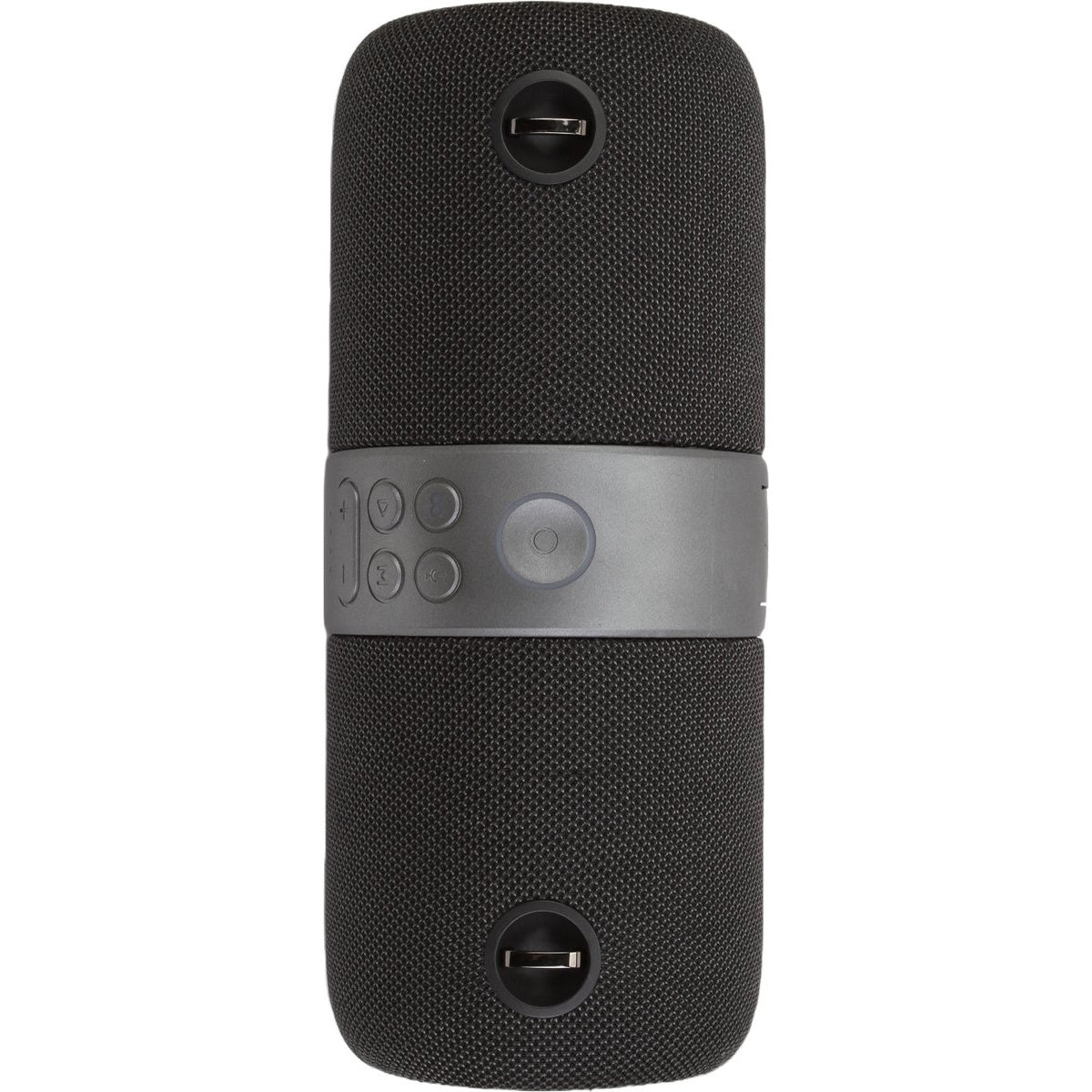 A black, cylindrical speaker with a gray band in the middle. It has buttons and a power button, with ports at the top and bottom.