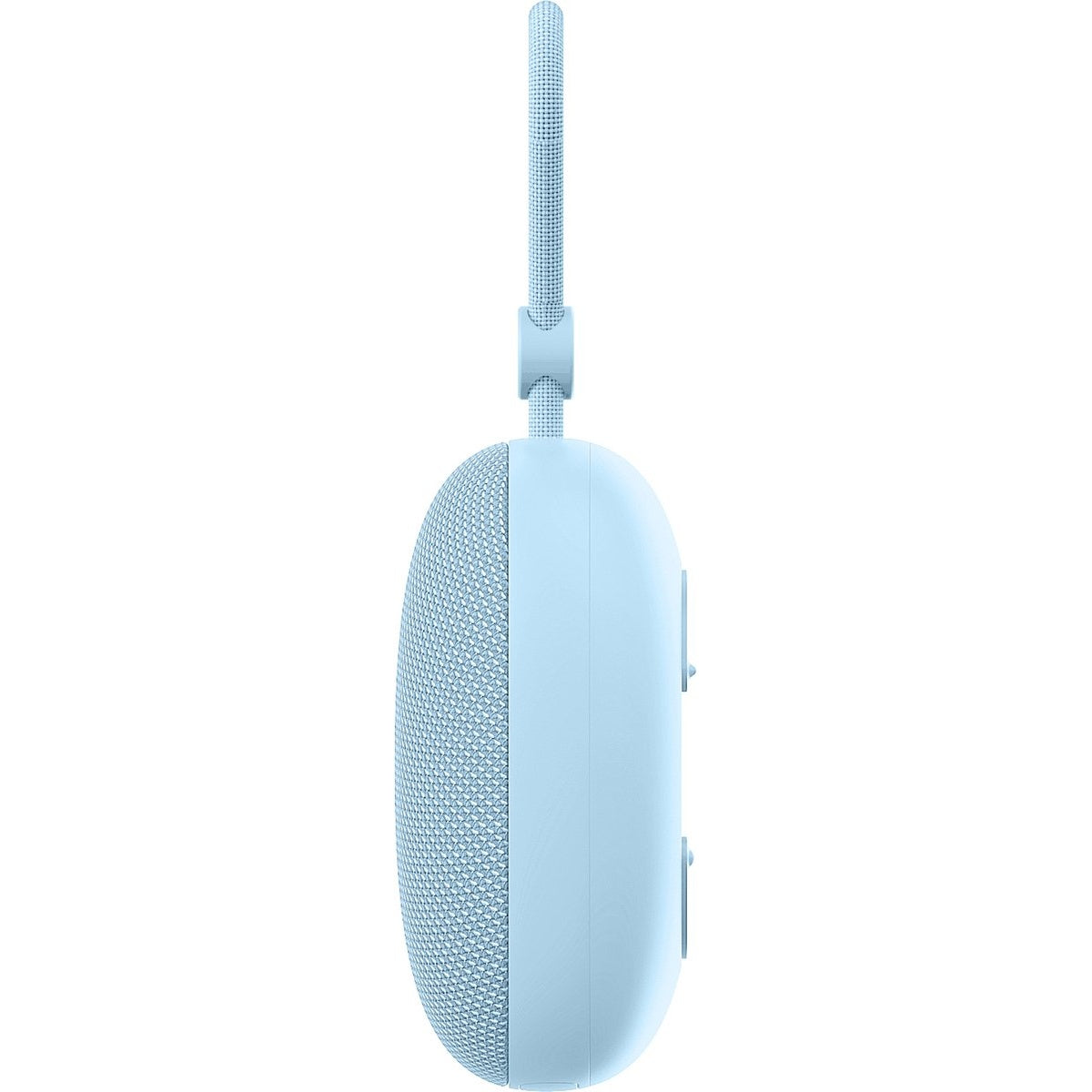 A light blue, oval-shaped speaker with a mesh front and a handle. Buttons are visible on the side, and a carrying strap is attached.
