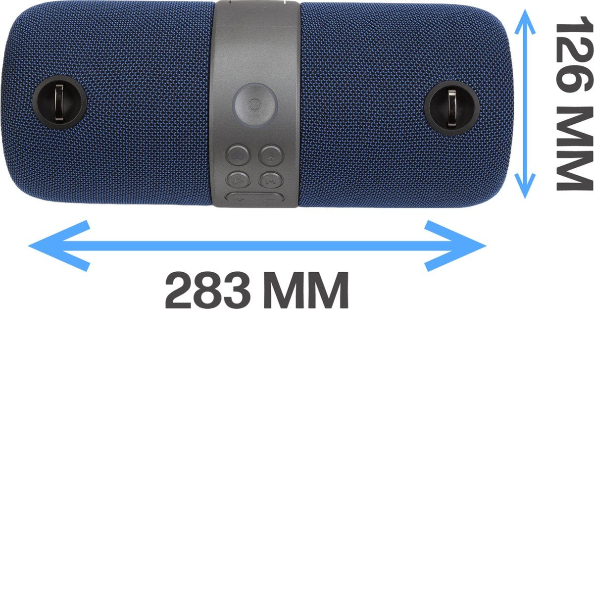 Blue speaker with silver center. Dimensions: 283mm long, 126mm high. Features buttons and speaker grilles on the ends.