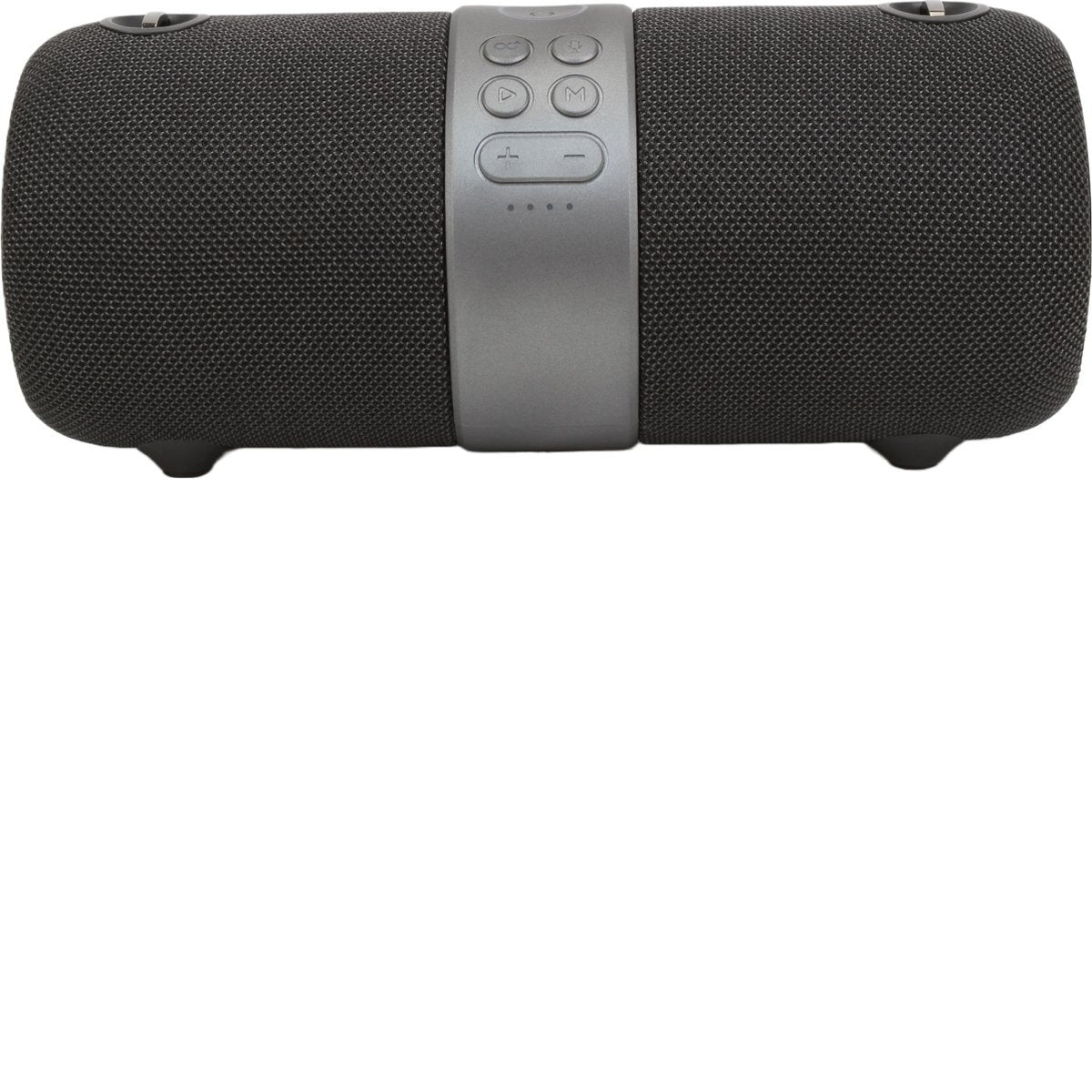 A dark gray cylindrical speaker with control buttons in the middle and a silver band.