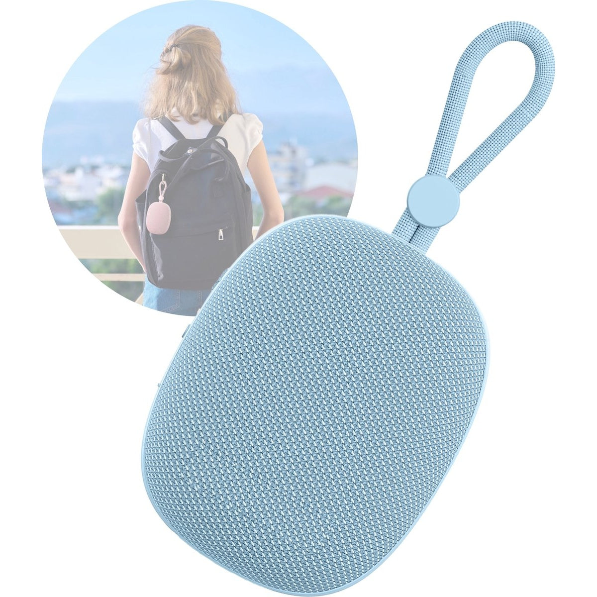 A light blue speaker with a loop is shown. Behind, a person with a backpack is in a circle. A pink case hangs from the backpack.
