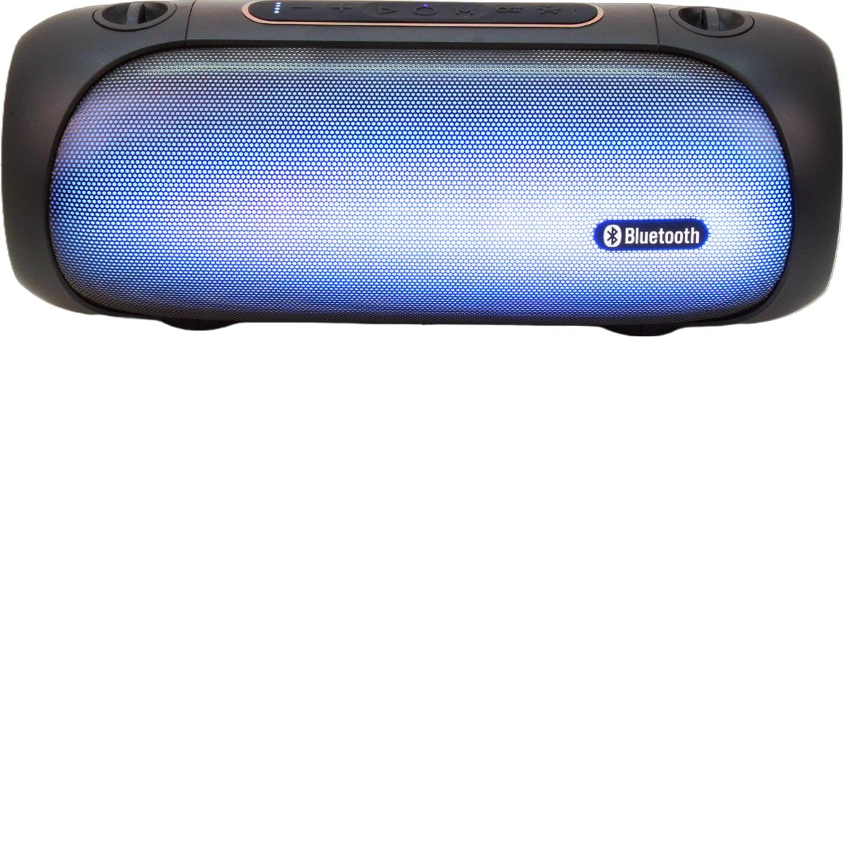 Black Bluetooth speaker with blue light, control buttons, and Bluetooth logo. The speaker is on a white background.