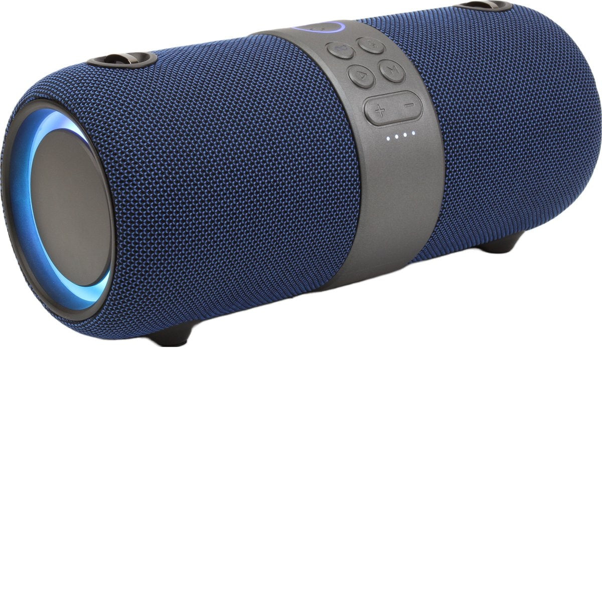 A blue cylindrical speaker with controls on top. It has a mesh texture. A light glows around the end.