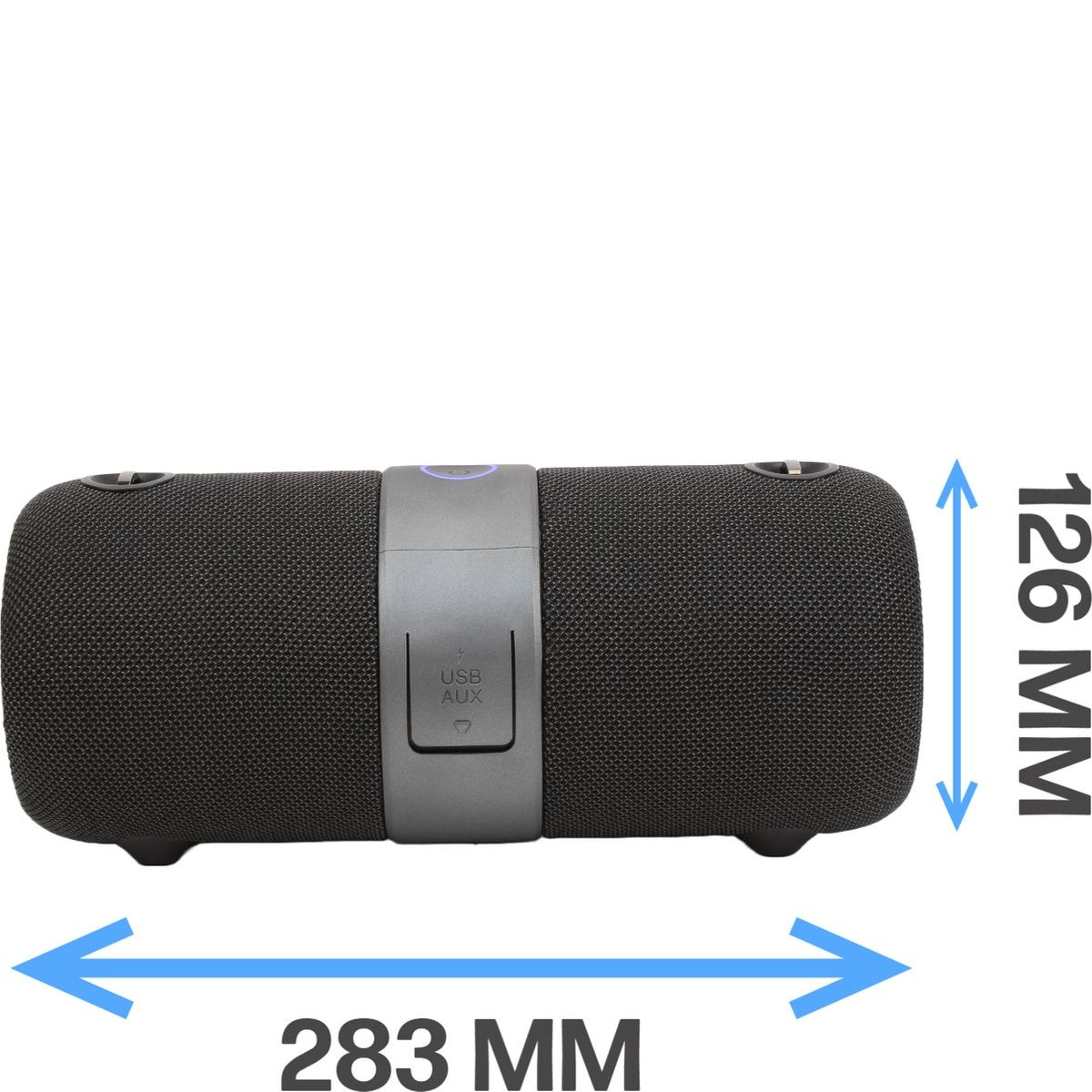 A black cylindrical speaker with gray accents. Dimensions are shown: 283mm long and 126mm high. USB/AUX ports are visible.