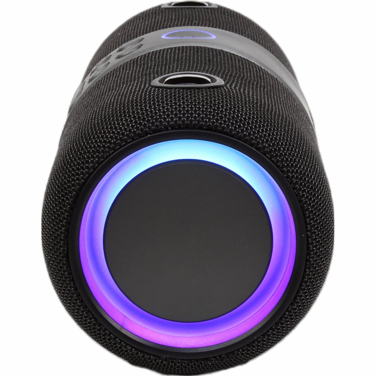 Black cylindrical speaker with a glowing blue and purple ring around the speaker. The speaker has a black mesh texture.