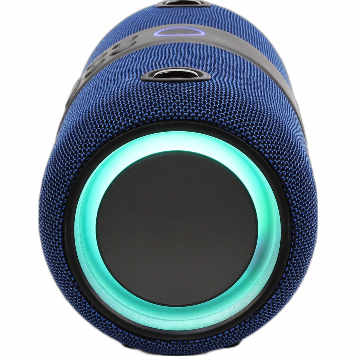 Blue cylindrical speaker with black accents and a glowing green ring around a black center. Top has buttons.