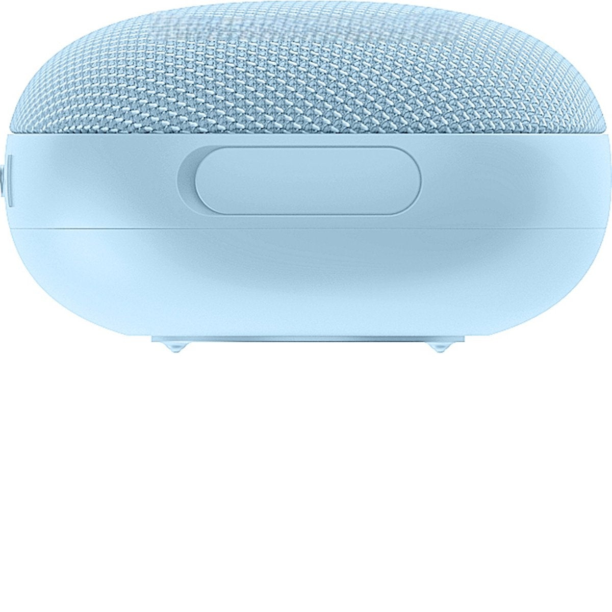 A light blue smart speaker with a mesh top and a button. It is on a white background.