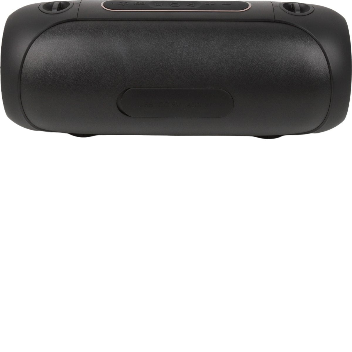 A black rectangular speaker with buttons and ports. Top has control buttons. Bottom has USB, DC 5V, and AUX ports.
