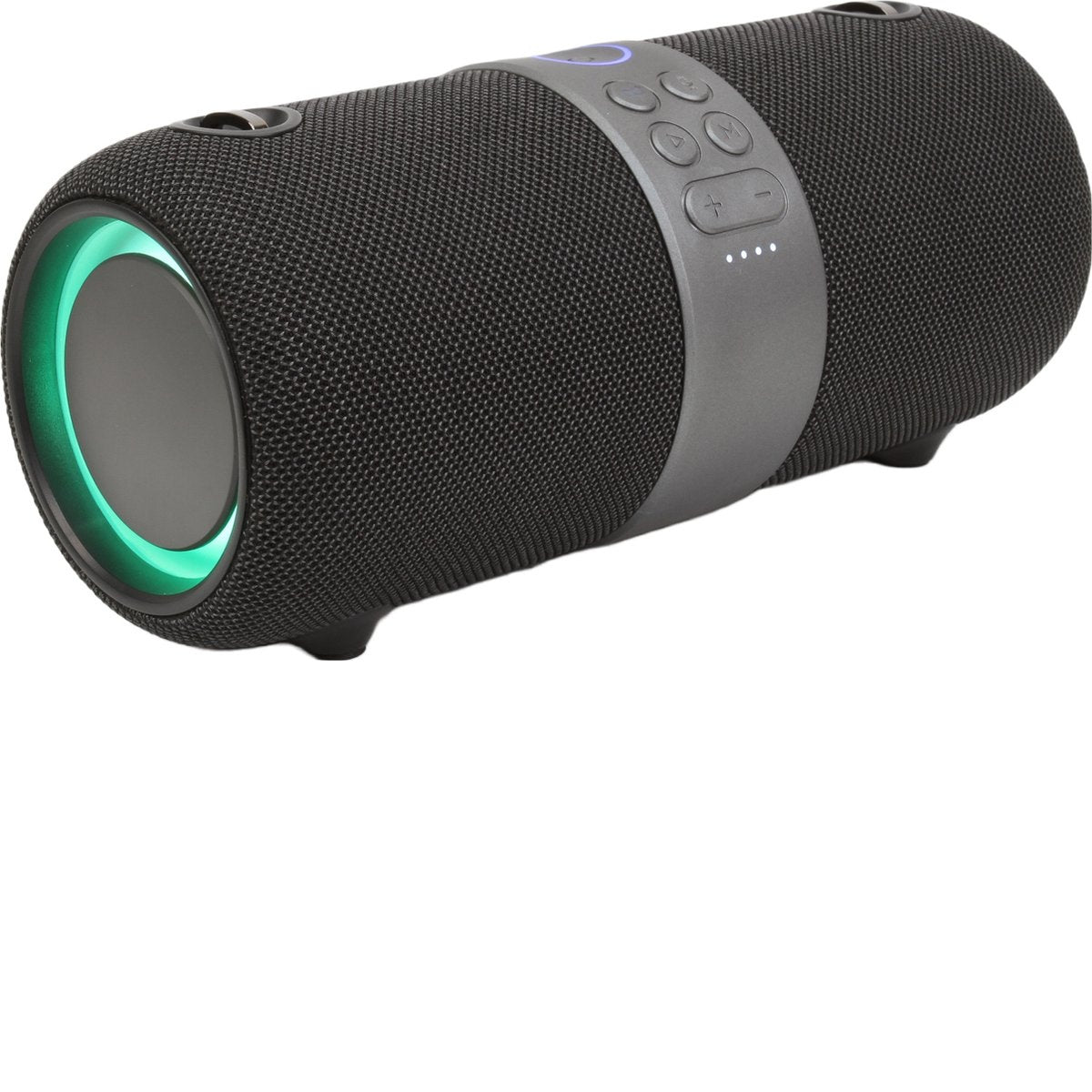 A black cylindrical speaker with a green illuminated ring on one end. It has control buttons and a gray band.