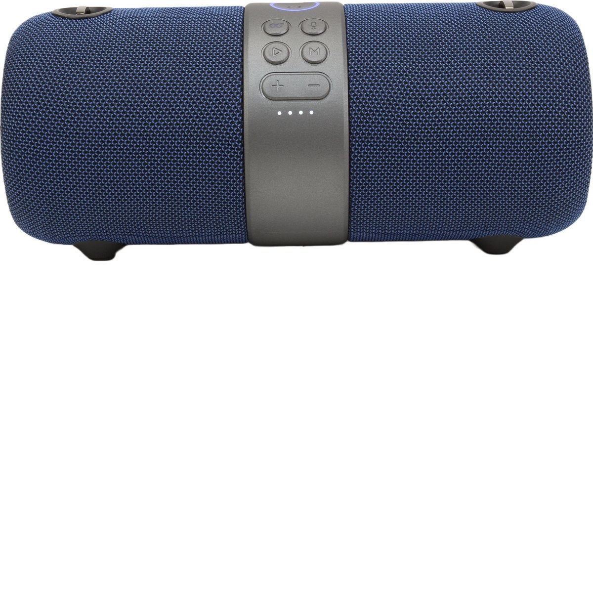 A blue speaker with a gray band and buttons. It has a mesh design. The background is white.