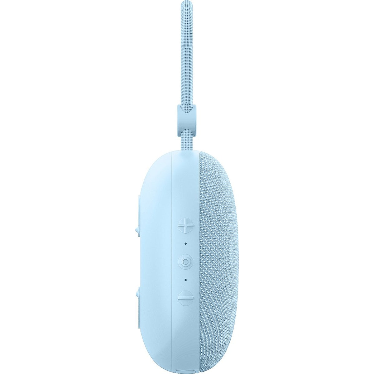 A light blue oval speaker with a mesh front and a handle. It has buttons on the side and a handle attached to the top.