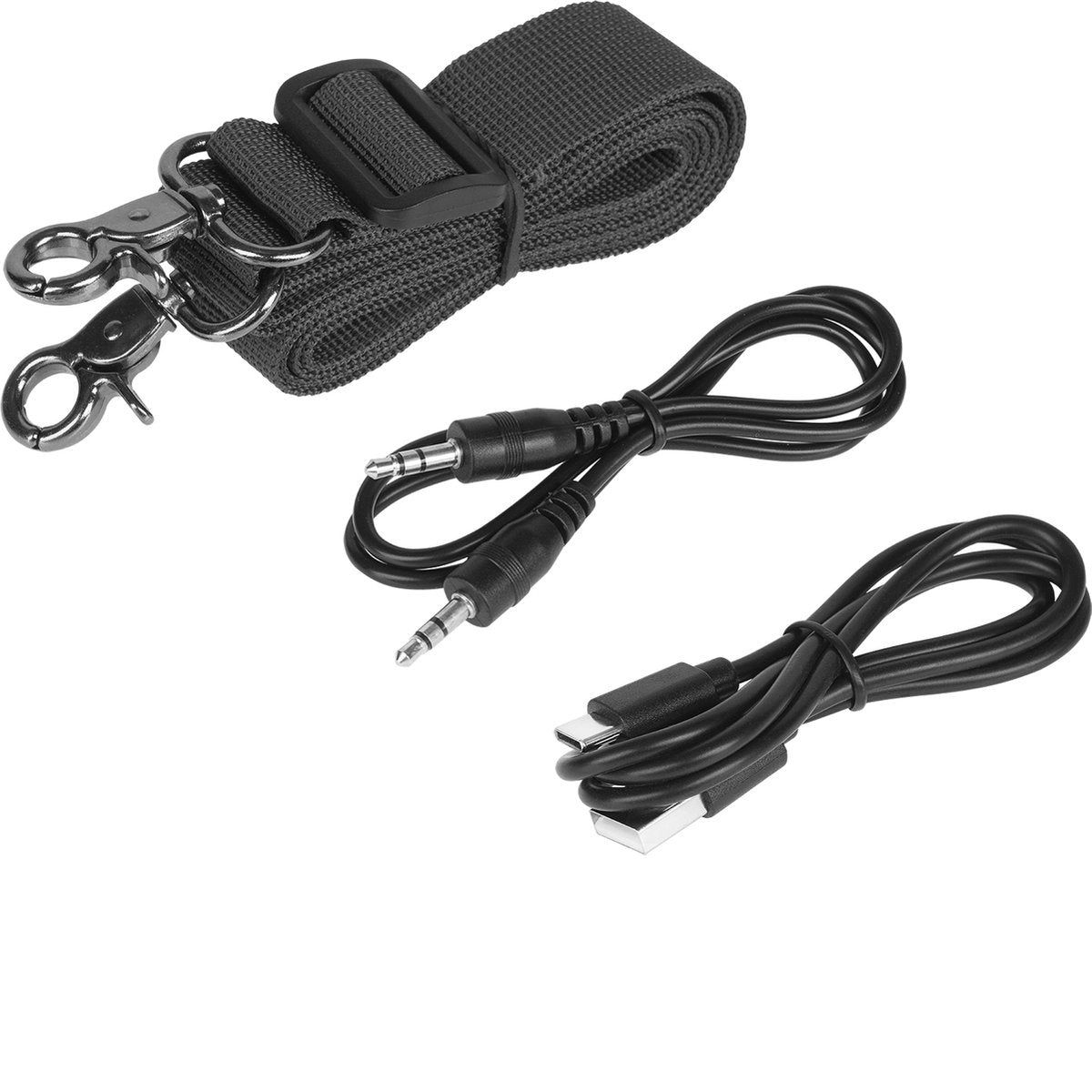 Black shoulder strap with metal clasps, two black audio cables, and a black USB cable against a white background.