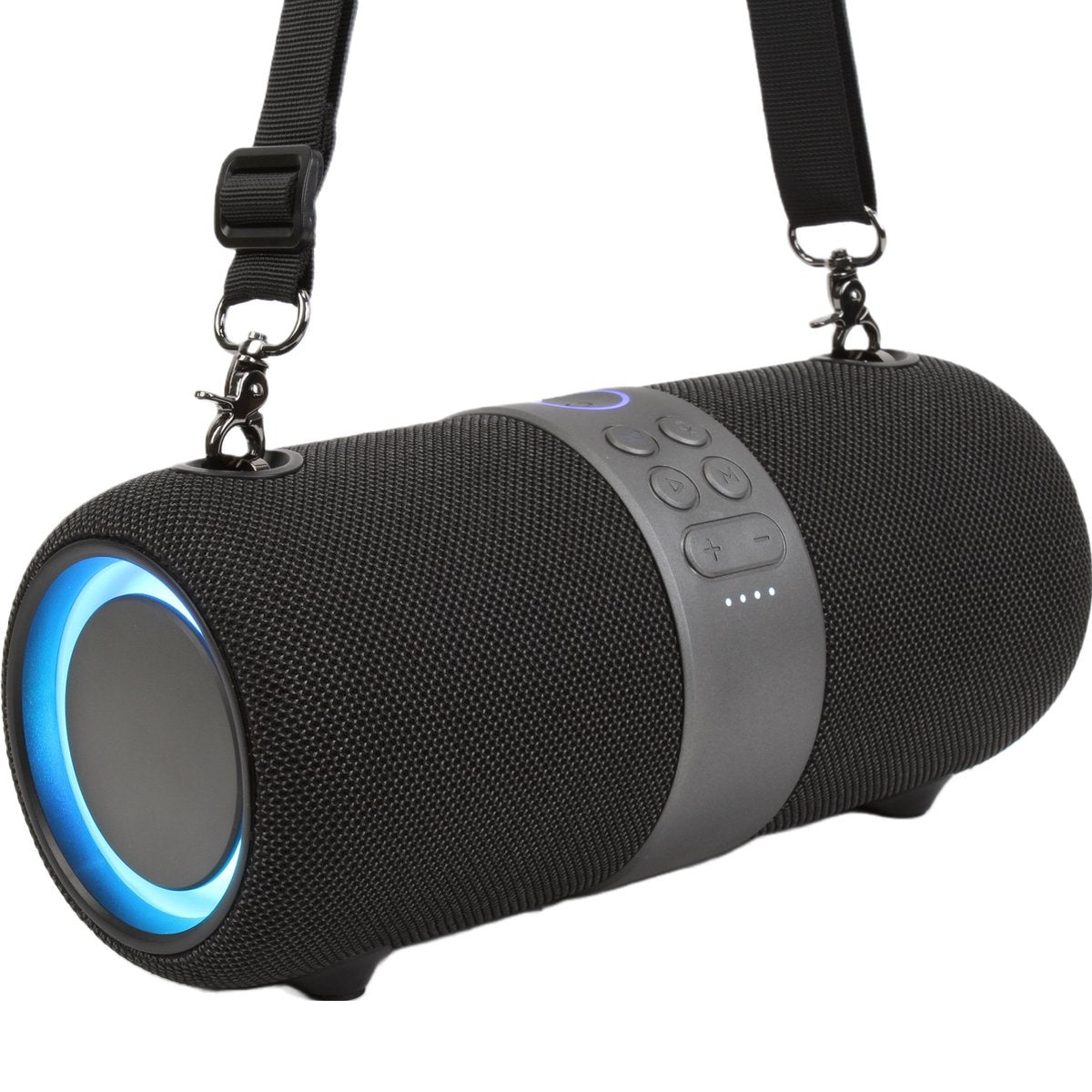 Black cylindrical speaker with blue light ring, strap, and control buttons. The speaker has a mesh texture.