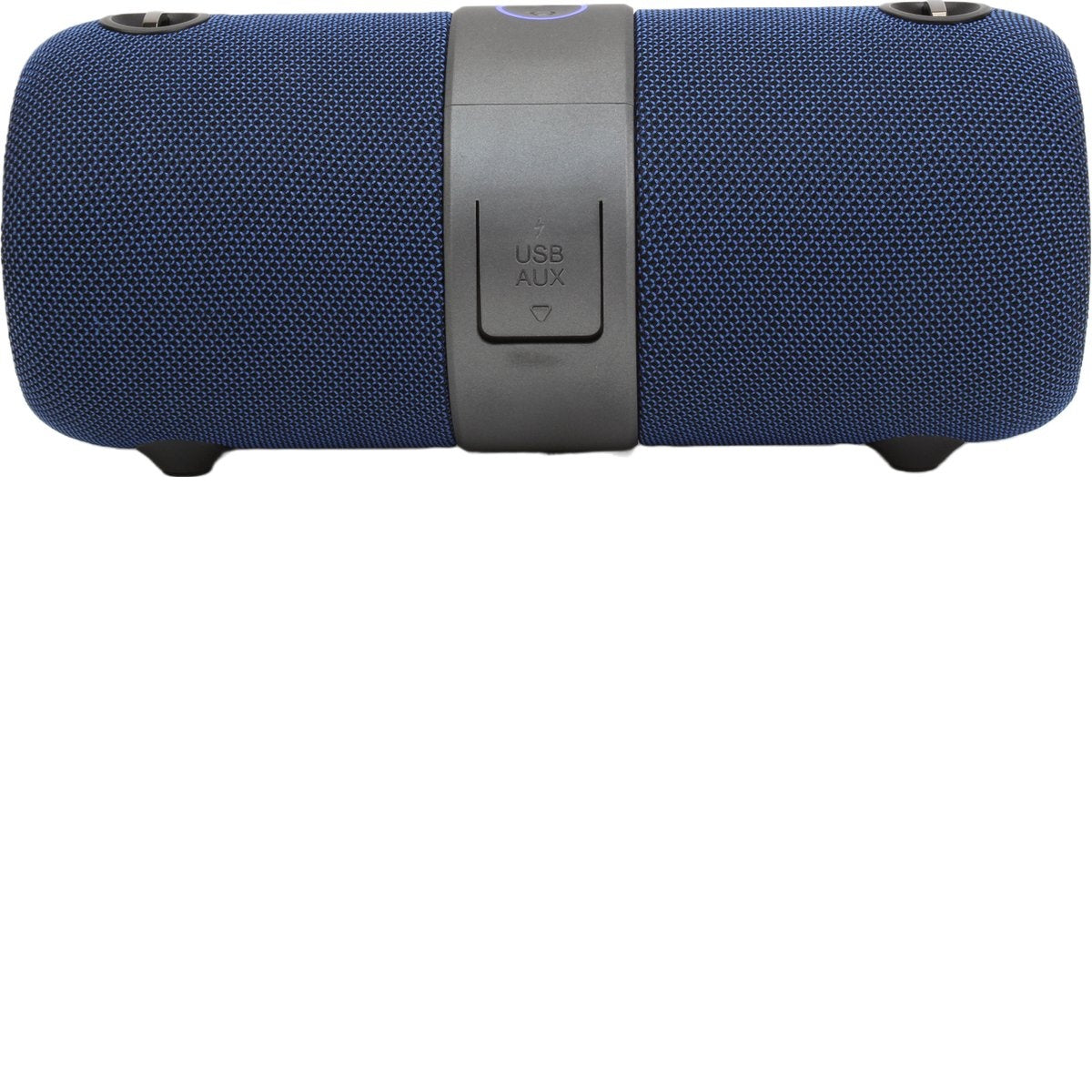 Blue cylindrical speaker with a black strap containing USB and AUX ports. Black legs on the bottom. White background.