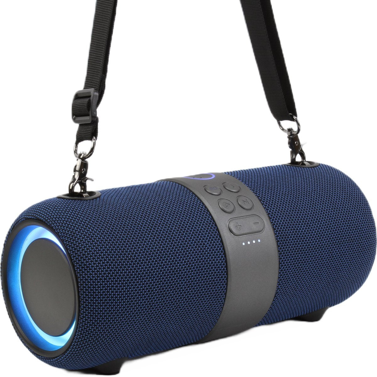 A blue cylindrical speaker with a black strap. It has buttons and a glowing blue light around one end.