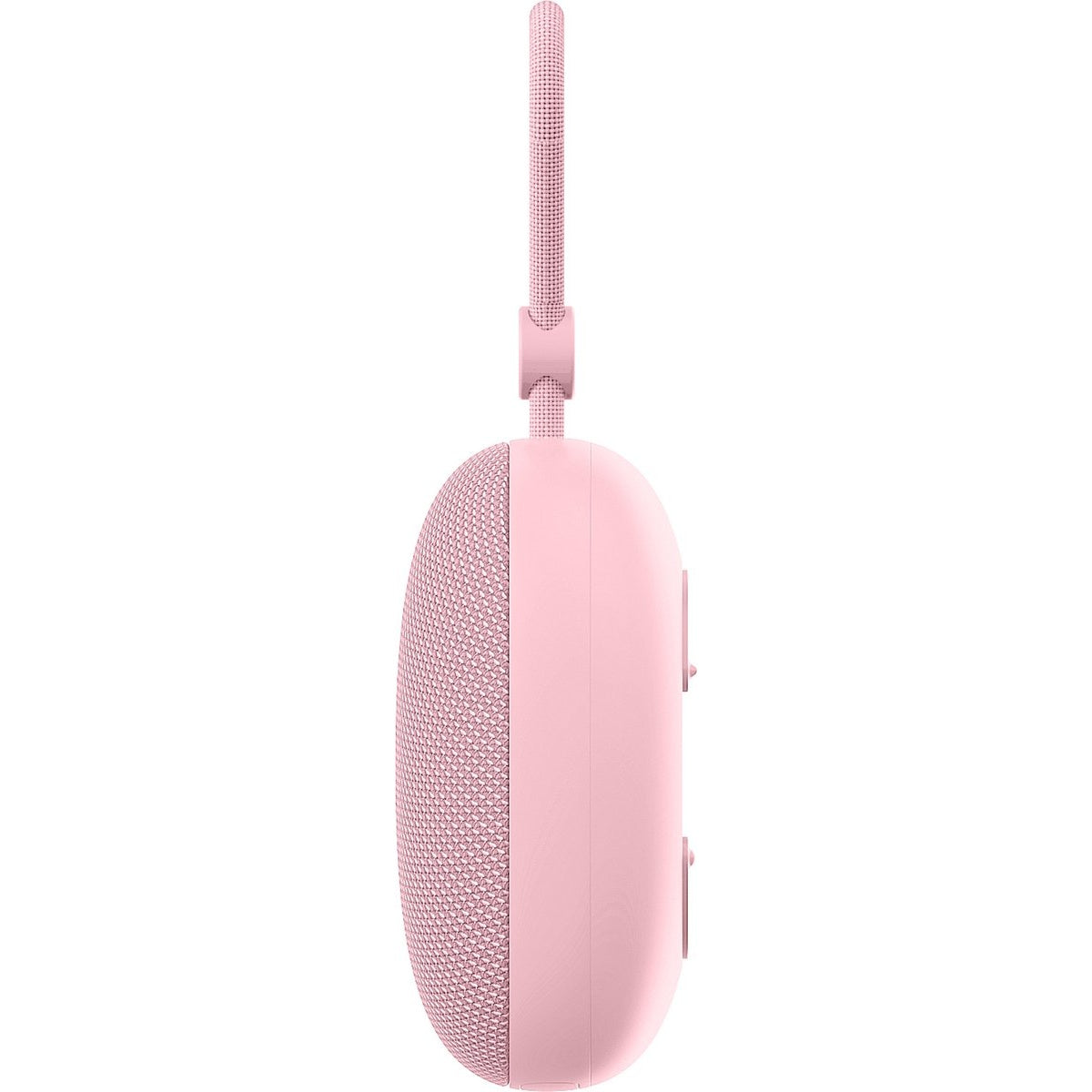 A pink, oval-shaped speaker with a mesh front and a strap for carrying. The speaker has two buttons on its side.