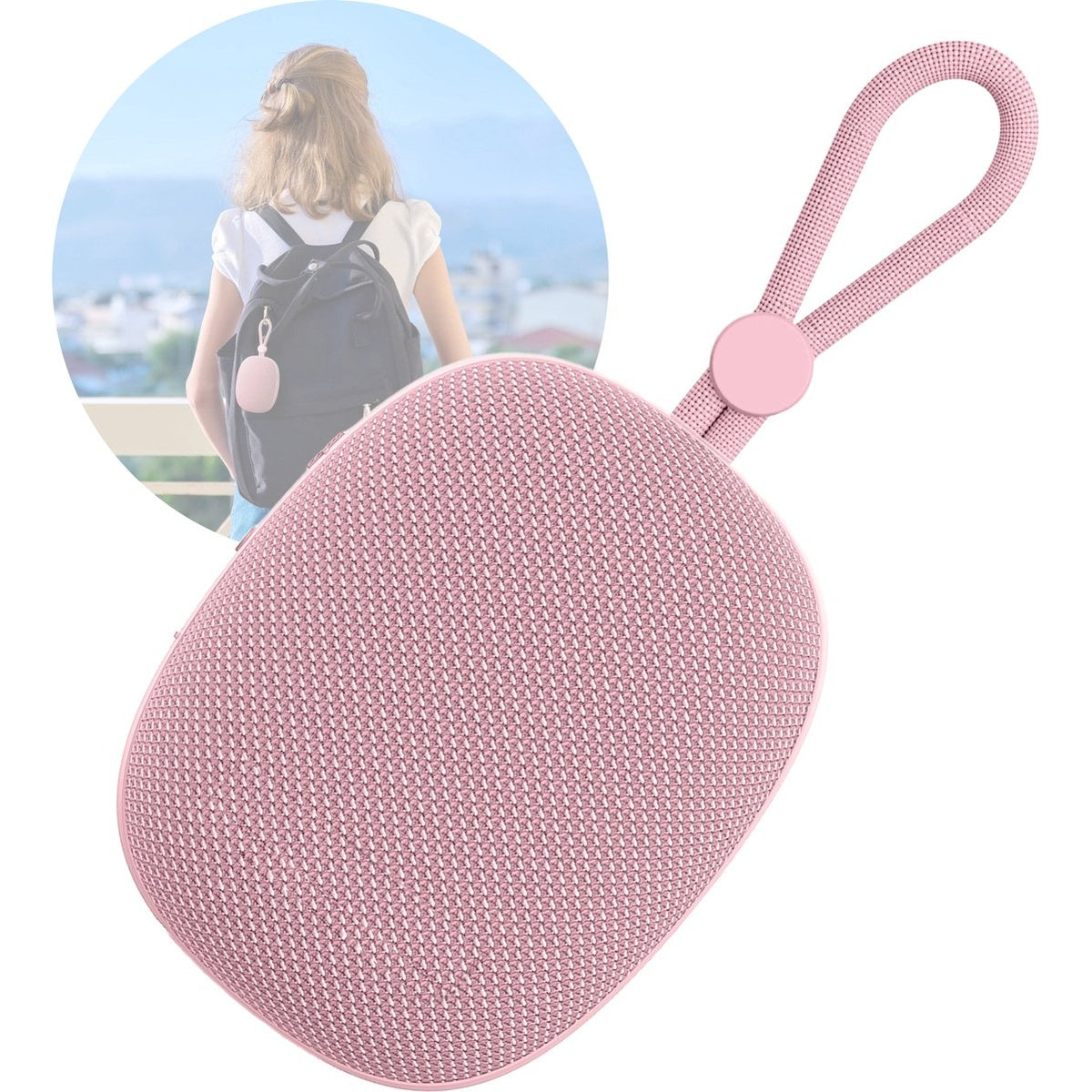 A pink speaker with a carrying loop. A girl with a backpack and a small pink case is in the background.