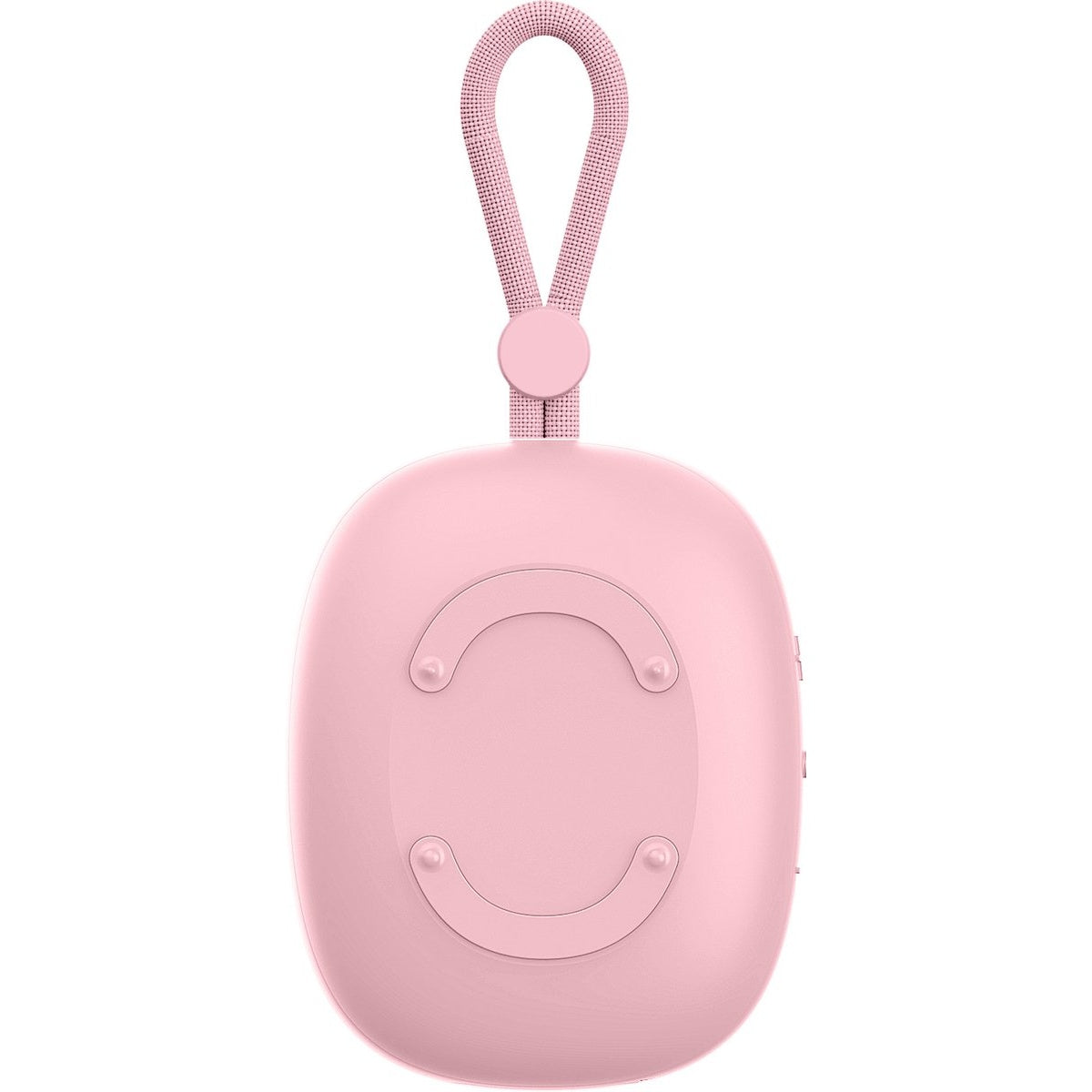 A pink, oval-shaped device with a loop handle. It has a button and two curved indentations. The background is white.