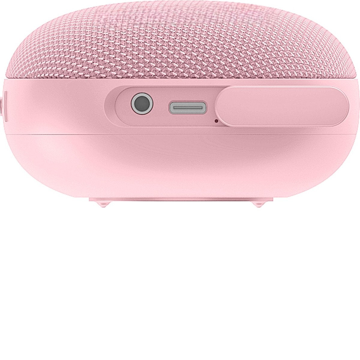 Pink, oval-shaped speaker. Top has textured fabric, bottom is smooth. Features a port, button, and charging slot.