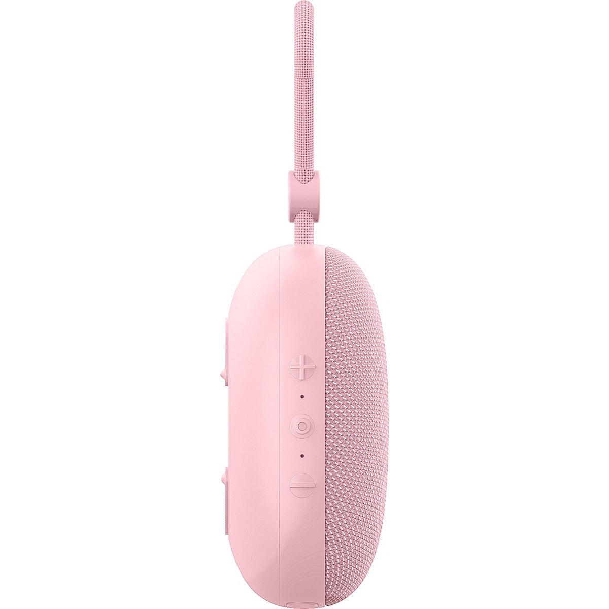 A pink, oval-shaped speaker with a mesh front and buttons on the side. It has a fabric loop at the top for carrying.