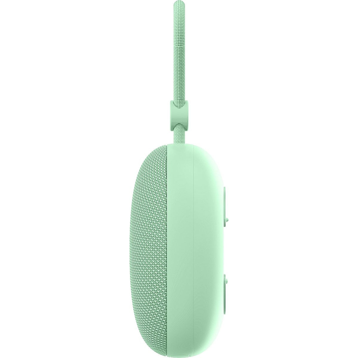 A light green, oval-shaped portable speaker with a fabric mesh on one side, buttons, and a matching hand strap.