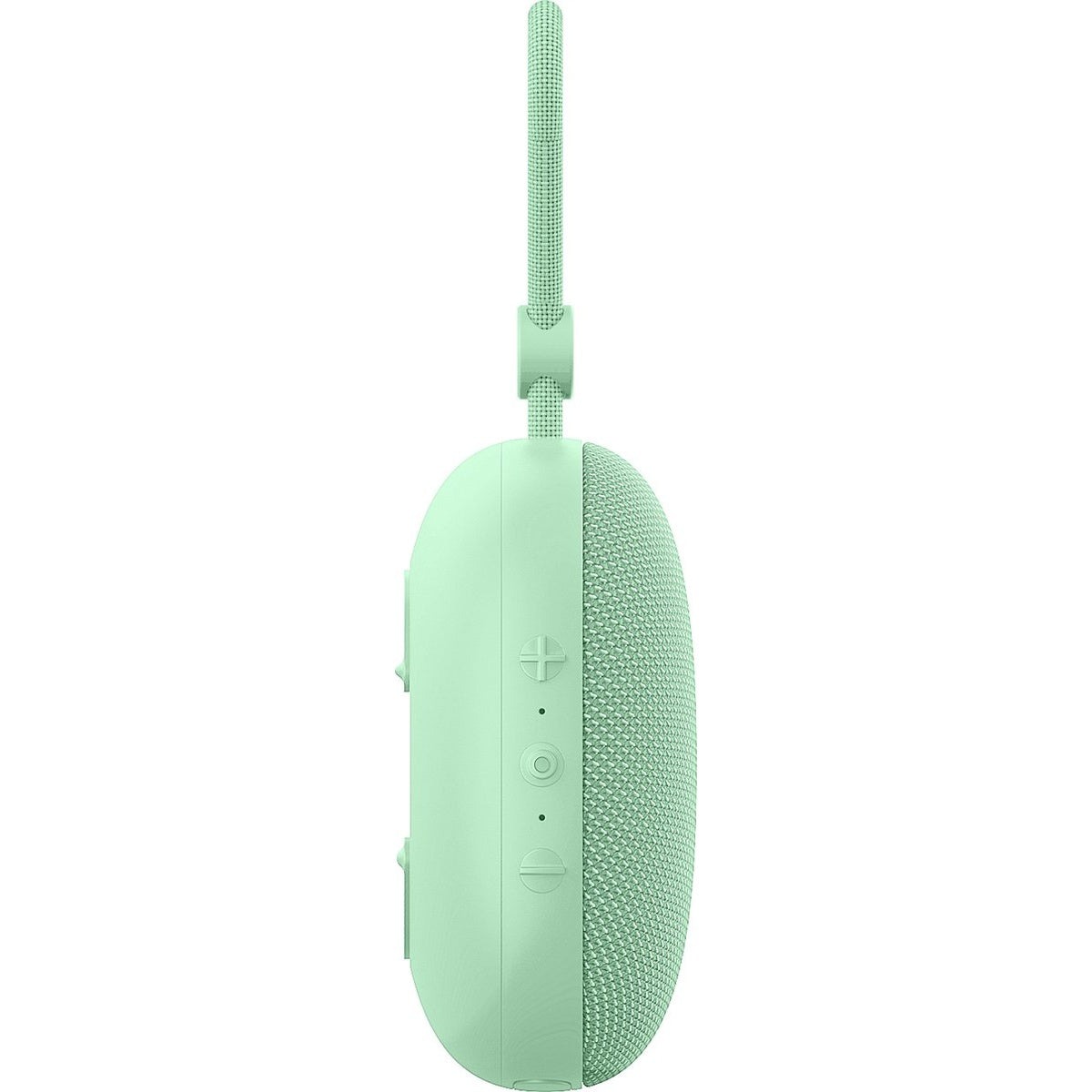 A light green portable speaker with a strap is shown. Buttons on the side and a mesh speaker cover are visible. The background is white.