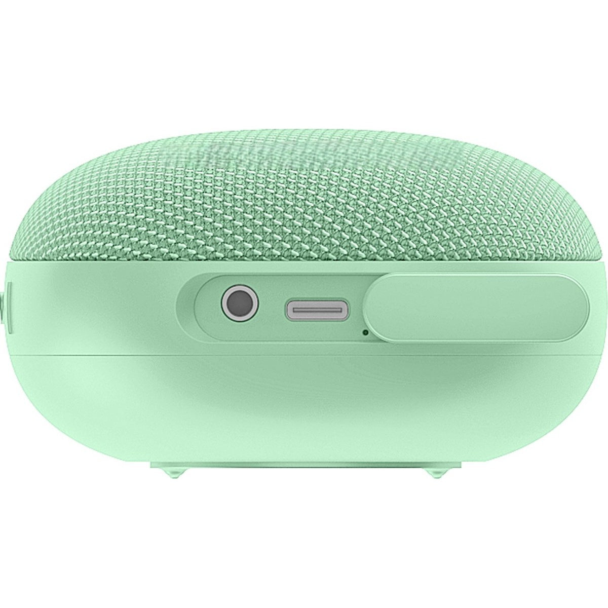 A mint-green, oval-shaped speaker with a mesh top and a port on the side. It has a power button and a charging port.