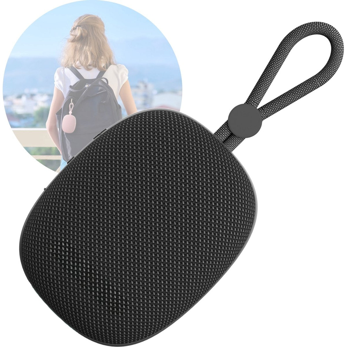 A black speaker with a loop, and a girl with a backpack in the background.