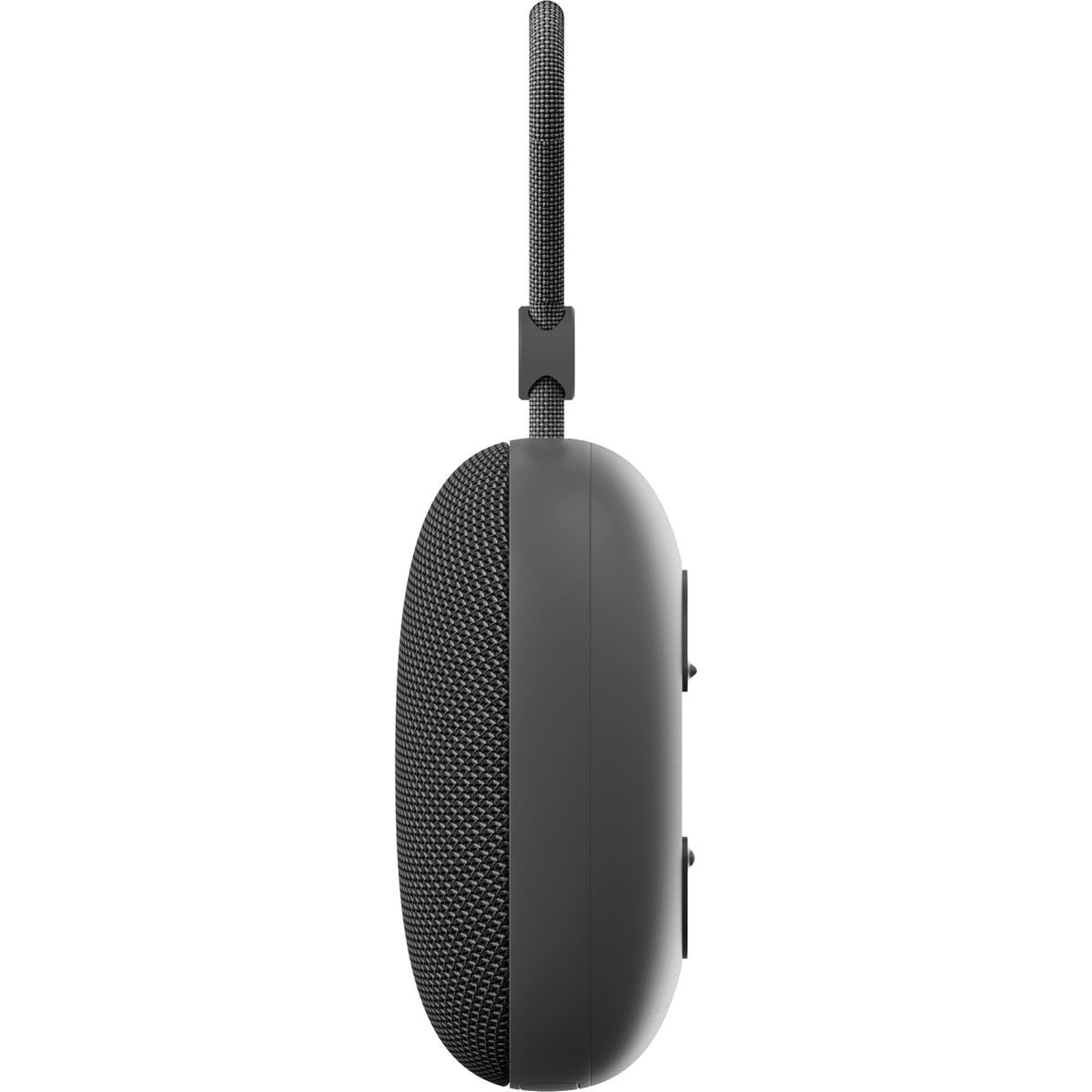 A dark gray, oval-shaped speaker with a textured mesh front, a smooth back, and a fabric loop for hanging.