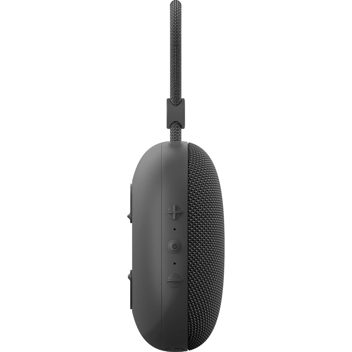 A dark gray, oval-shaped speaker with a textured front. It has buttons on the side and a fabric loop at the top for hanging.